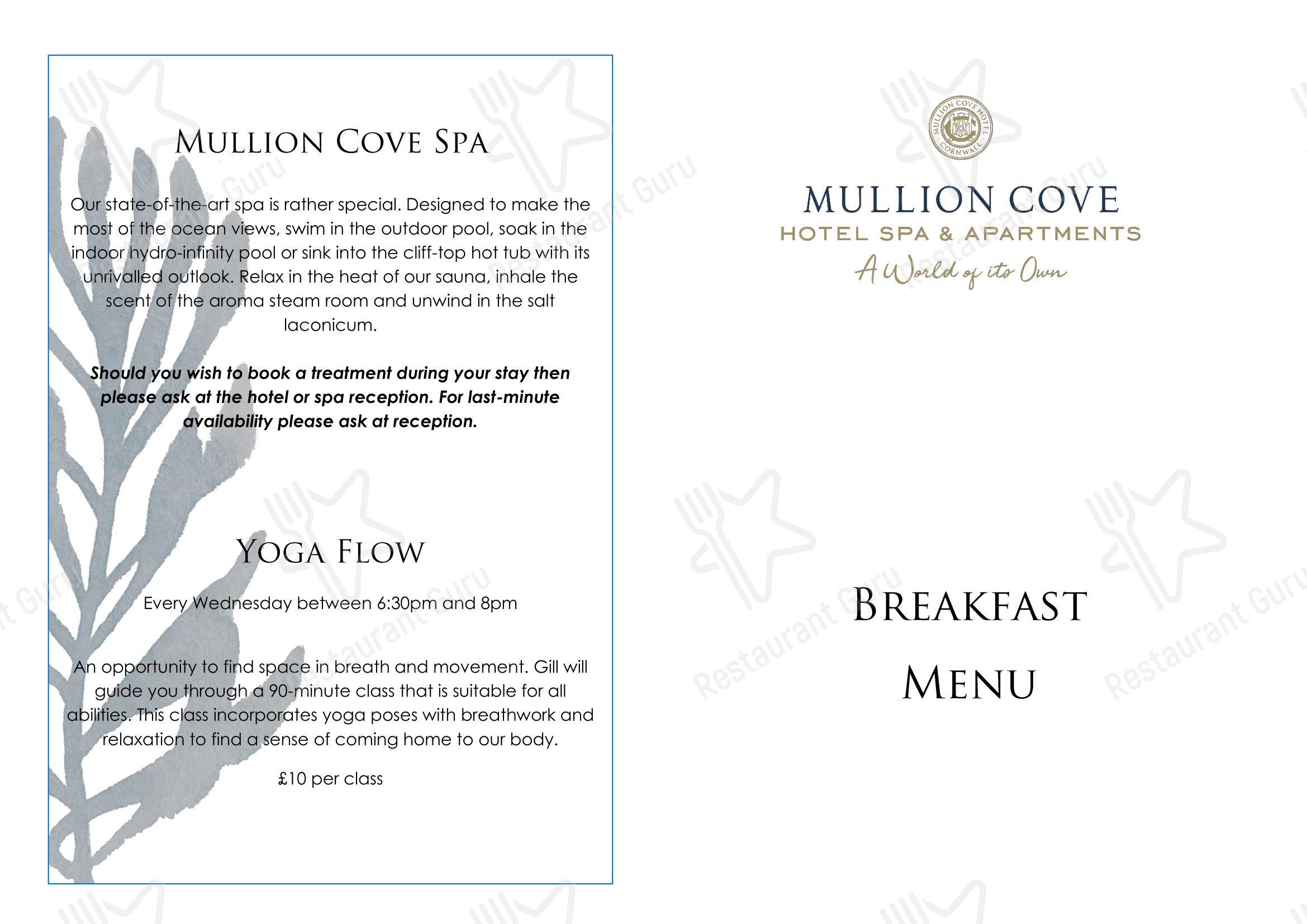 Меню напитков ресторана Mullion Cove Hotel Cornwall в Маллионе