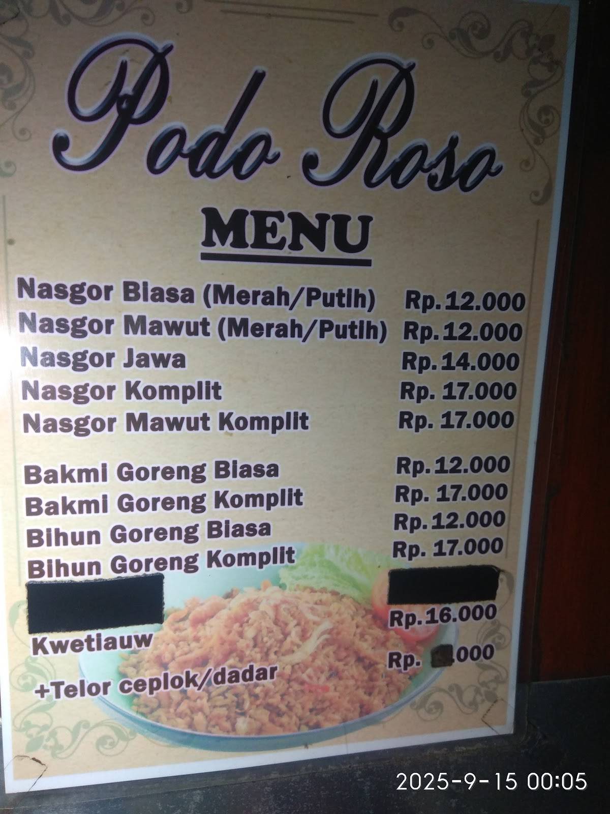 Nasi Goreng Podo Roso меню