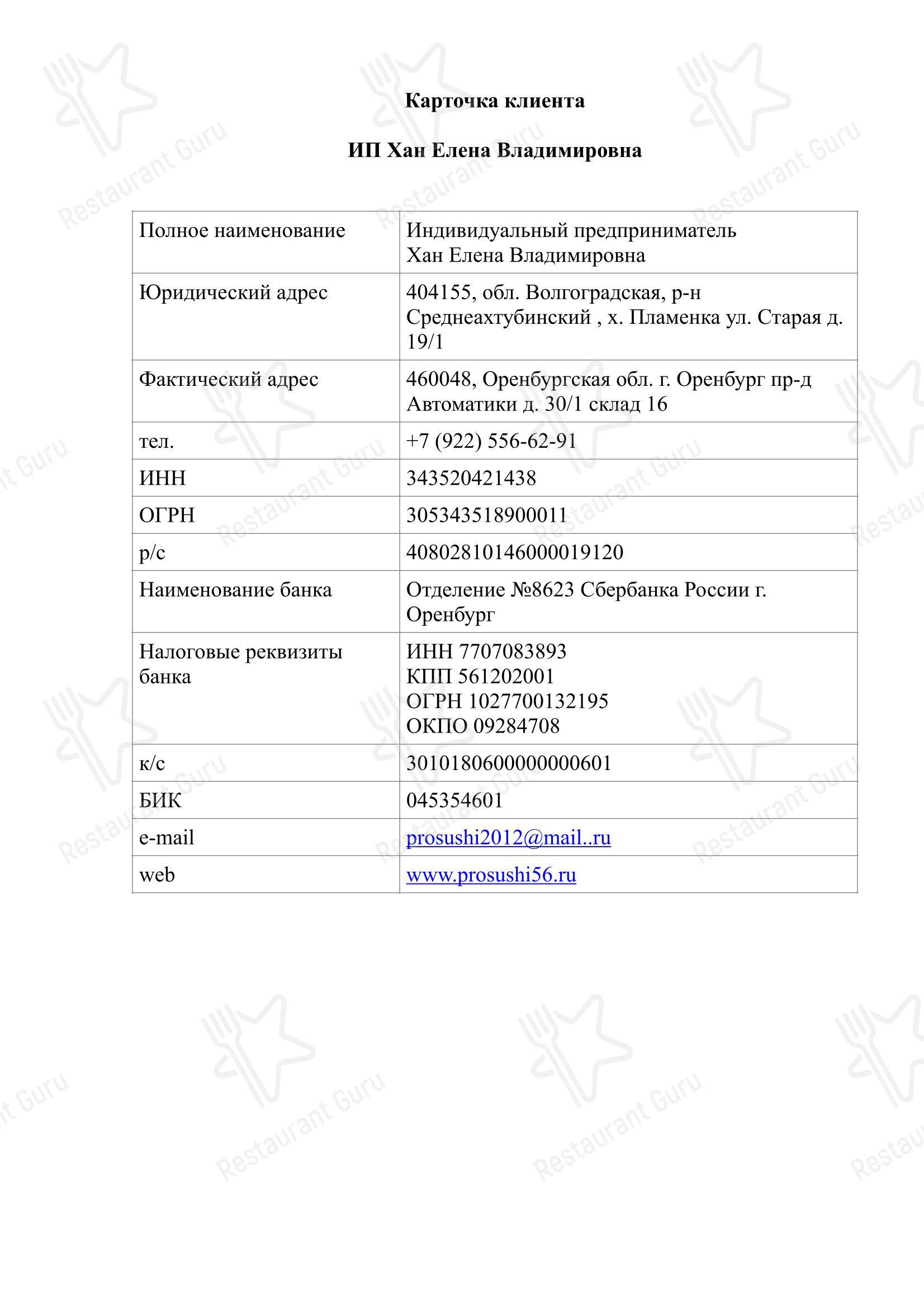 Меню ресторана PROsushi - Меню