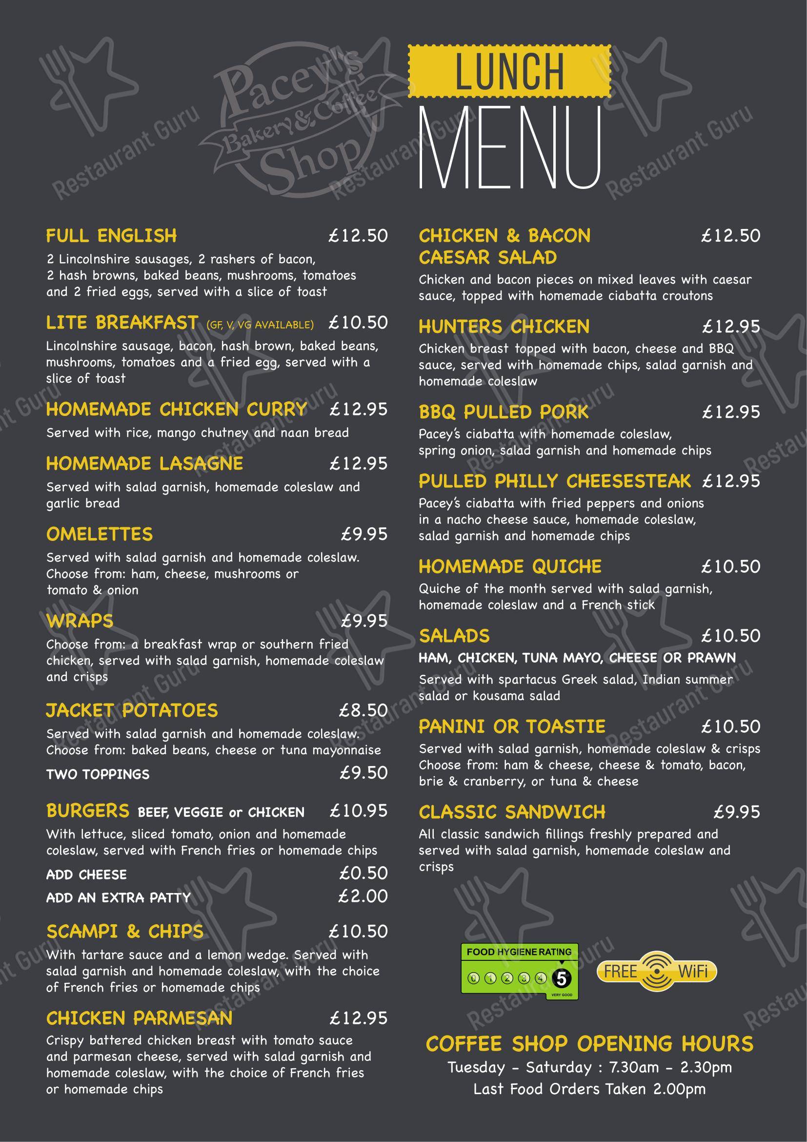 Lunch Menu кафе Pacey's Bakery