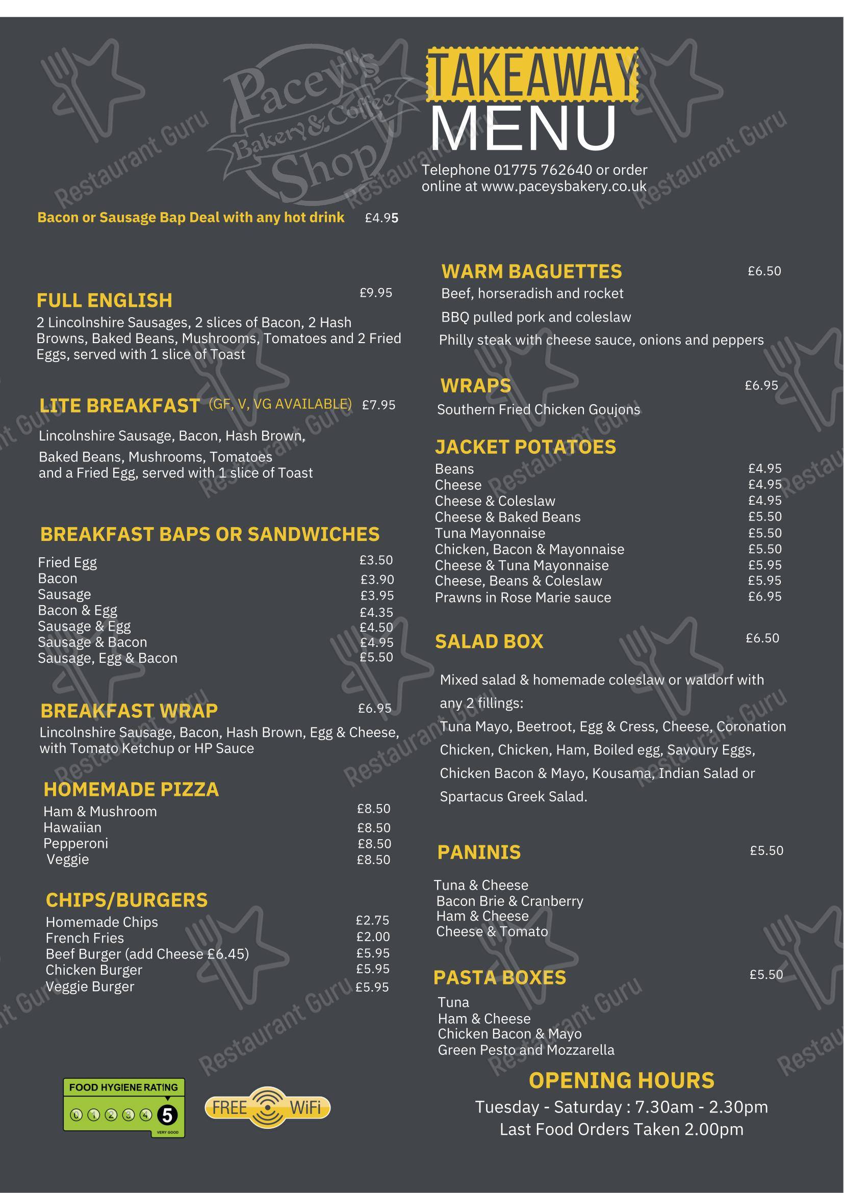 Меню кафе Pacey's Bakery - Takeaway Menu