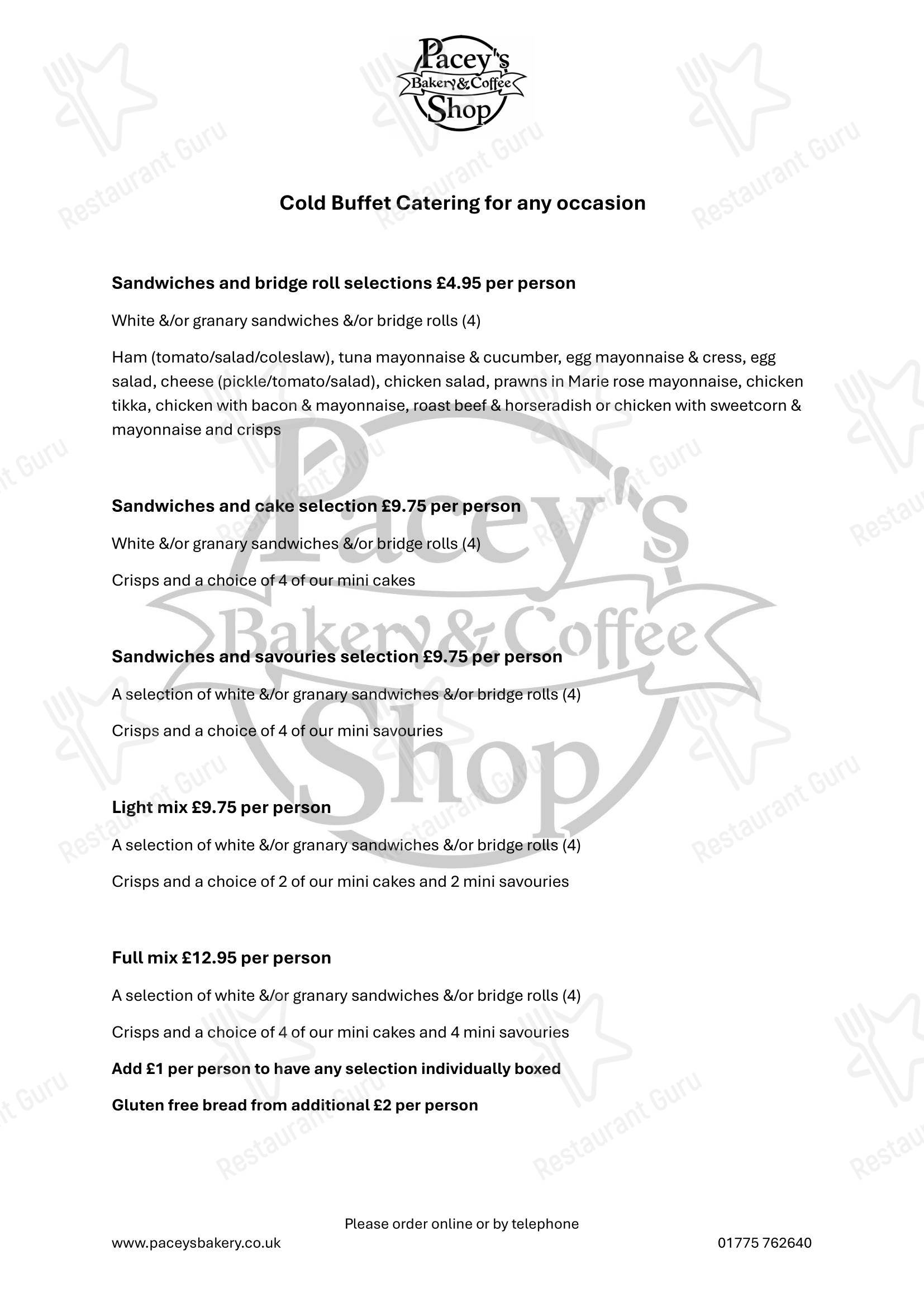 Dinner Menu кафе Pacey's Bakery