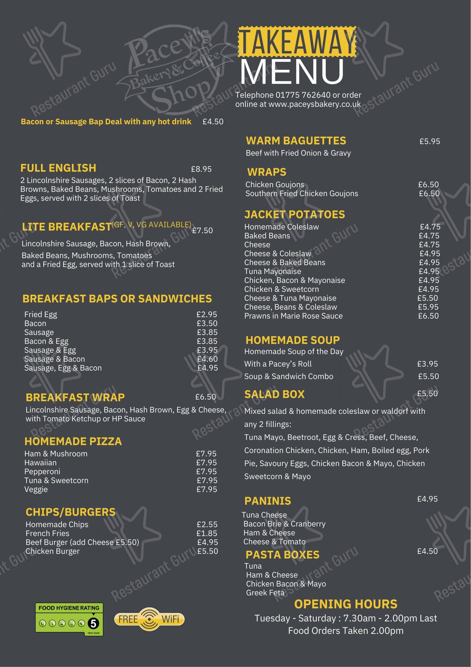 Меню кафе Pacey's Bakery - Lunch Menu