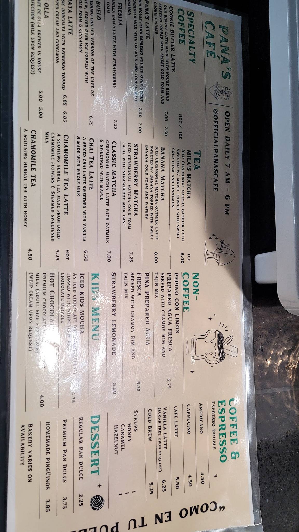 Pana’s Café меню