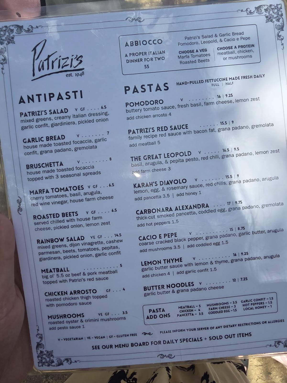 Patrizi's меню