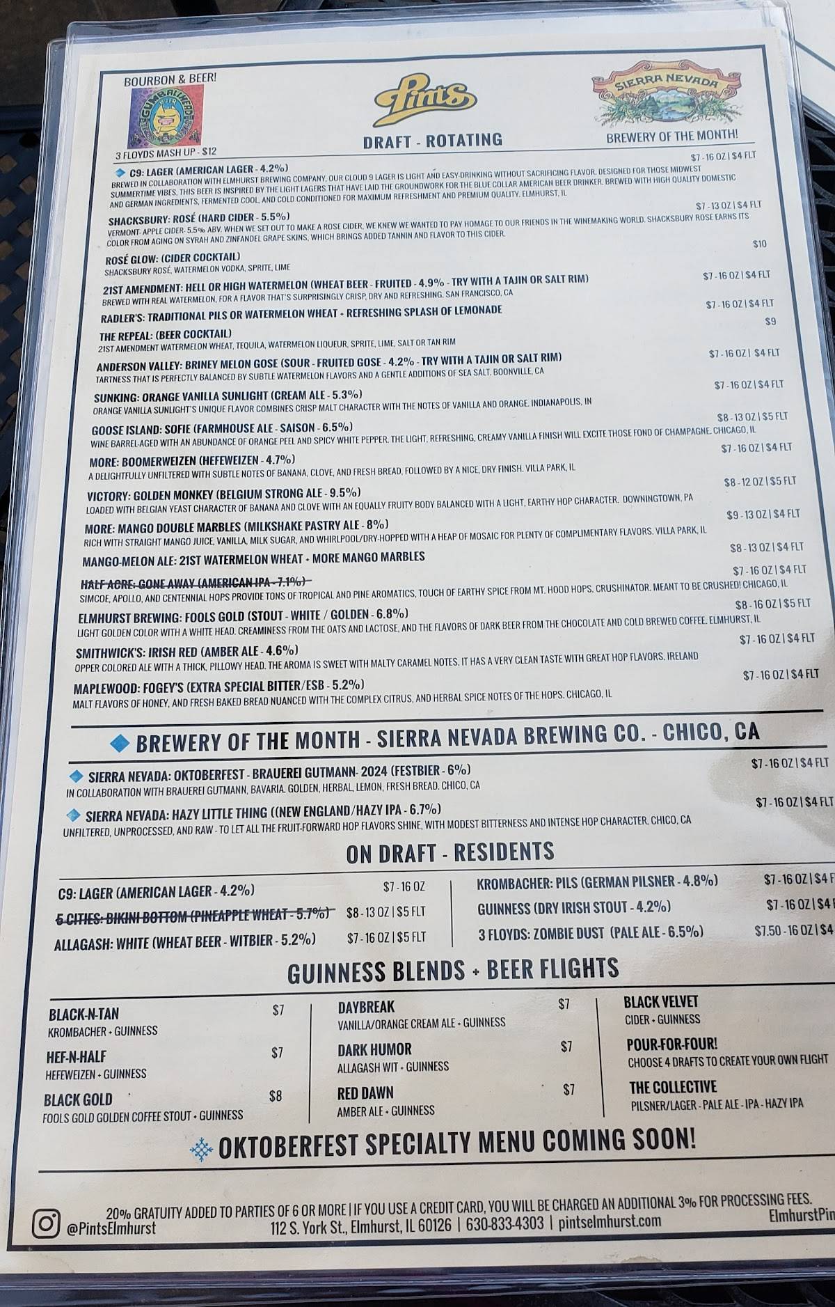 Pints меню