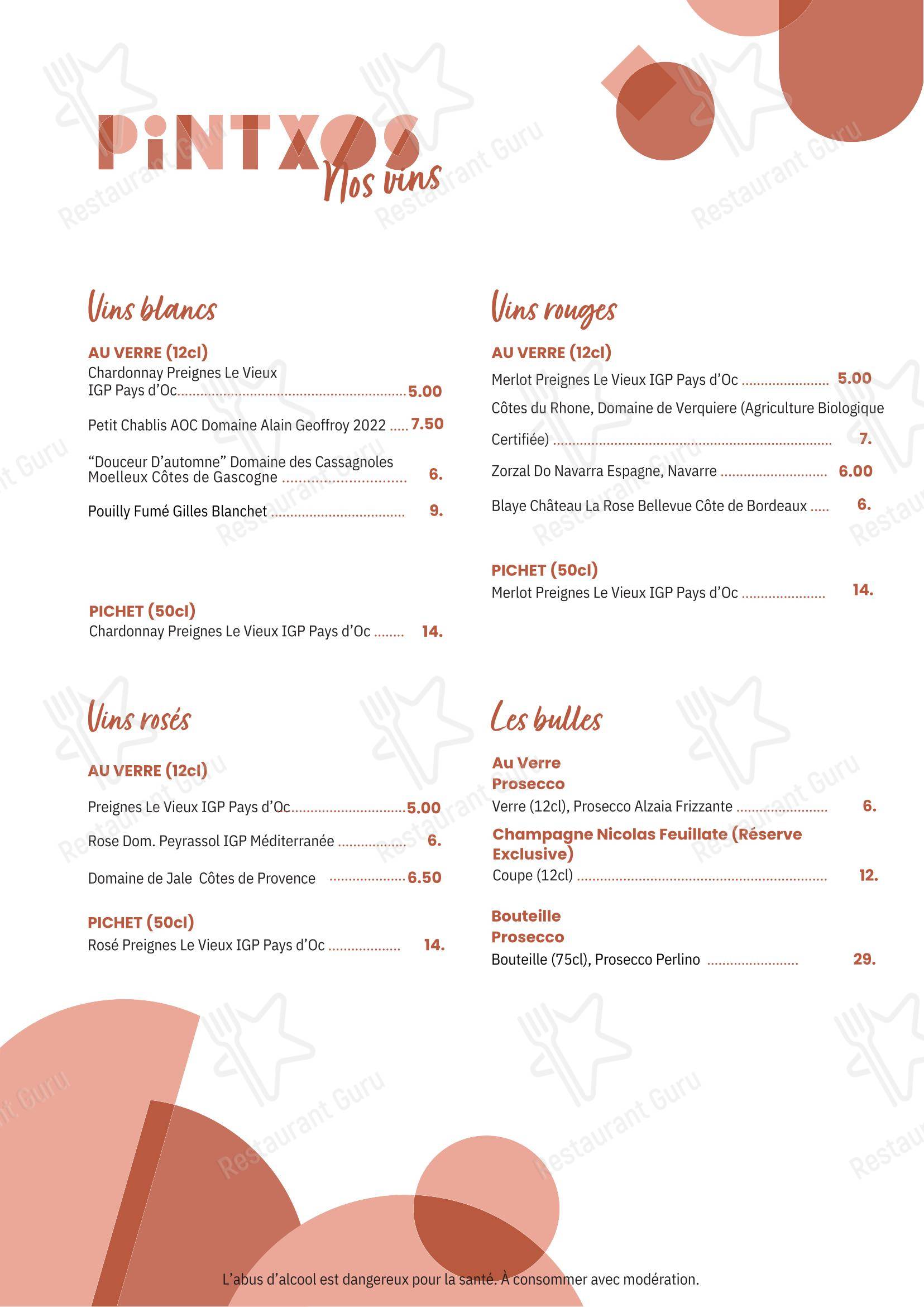 Меню напитков ресторана Pintxos в Руане