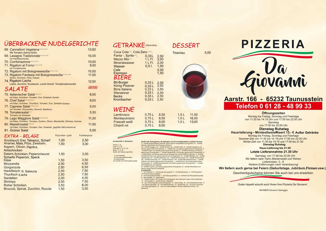 Pizzeria Da Giovanni меню