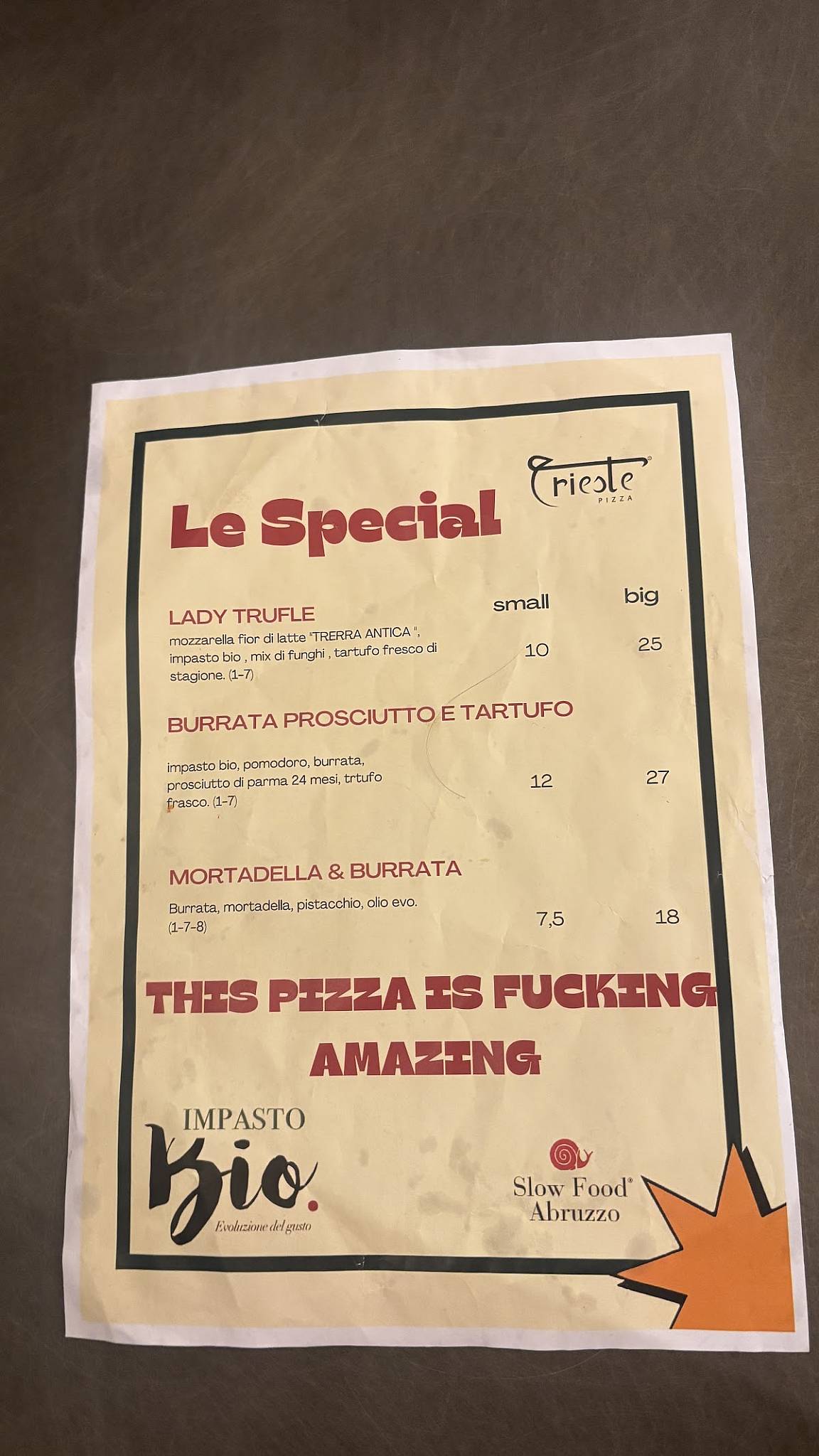 Trieste Pizza меню