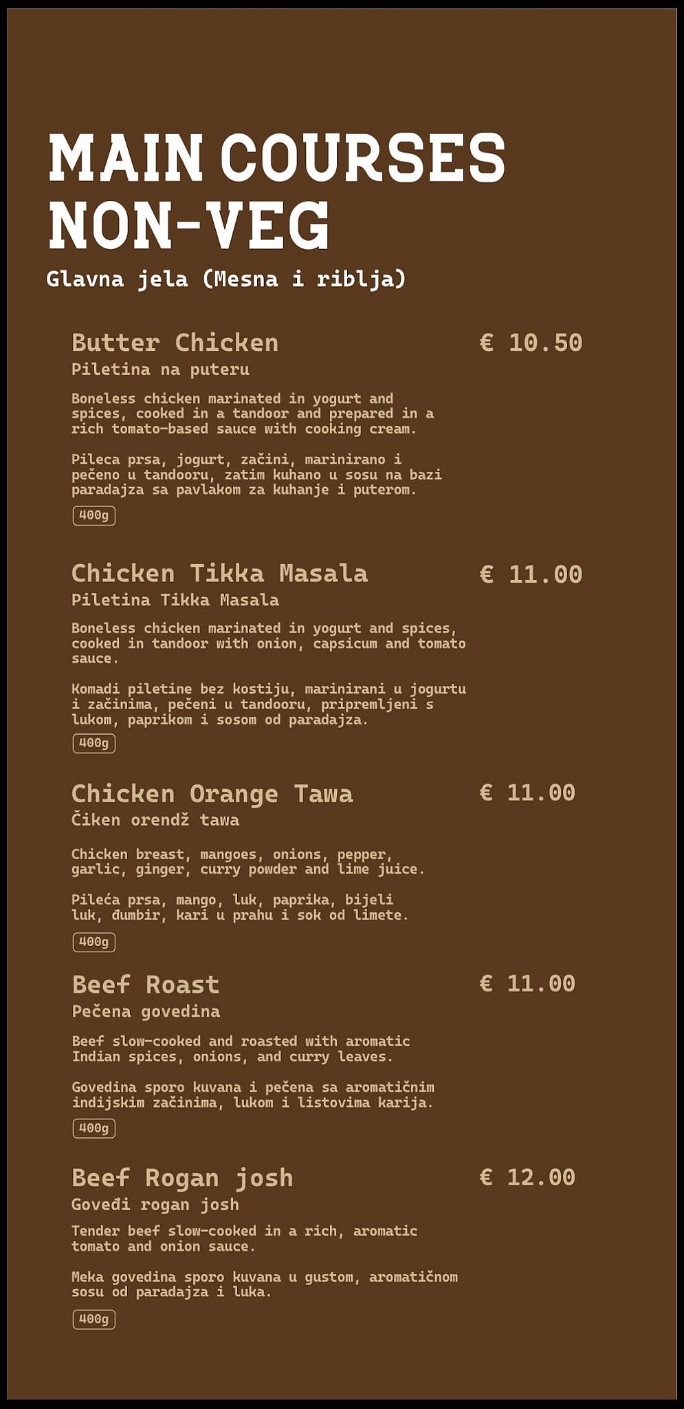 MASLACA MASALA Indian Restaurant in Montenegro. меню