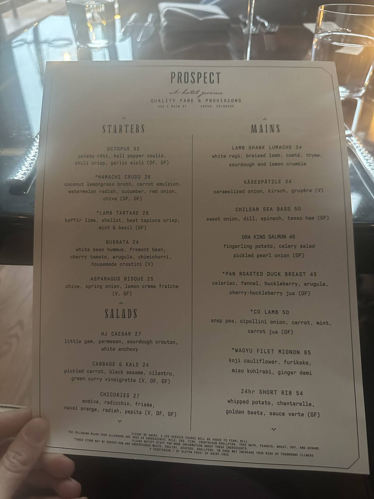 Prospect at Hotel Jerome меню
