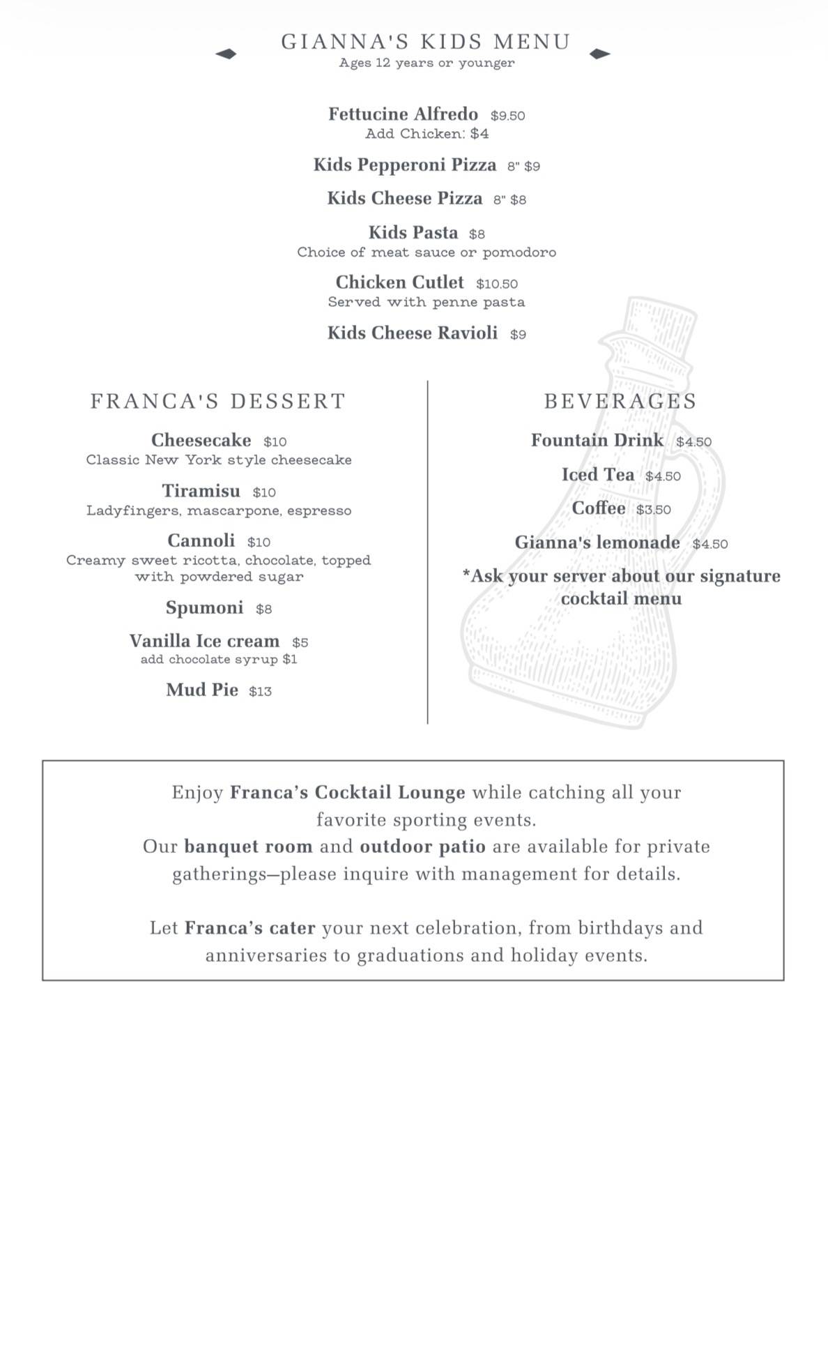 Franca's Italian Kitchen and Bar меню