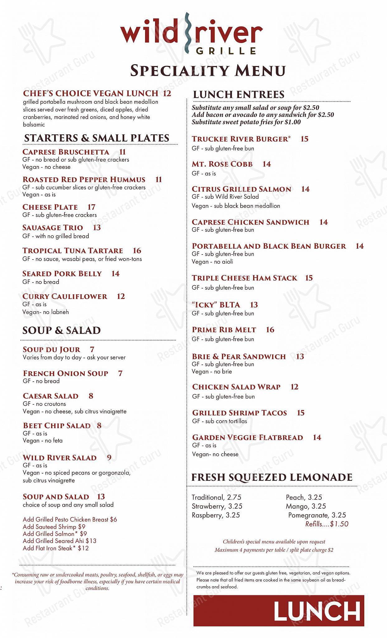 Special menu паба и бара Wild River Grille
