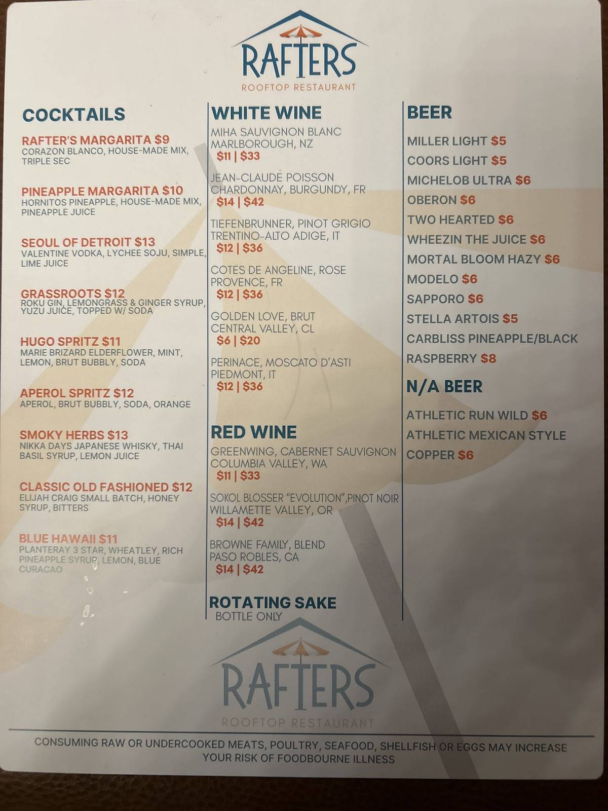 Rafters Rooftop Restaurant меню