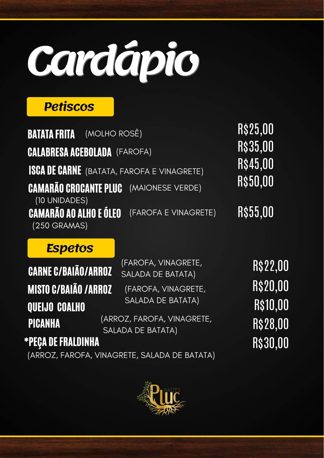 Raízes Pluc меню