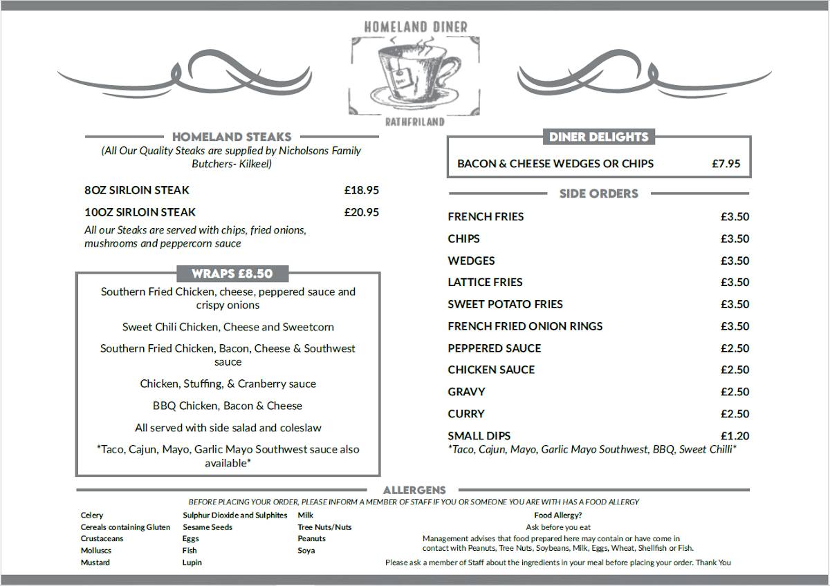 The Homeland Diner Cafe меню