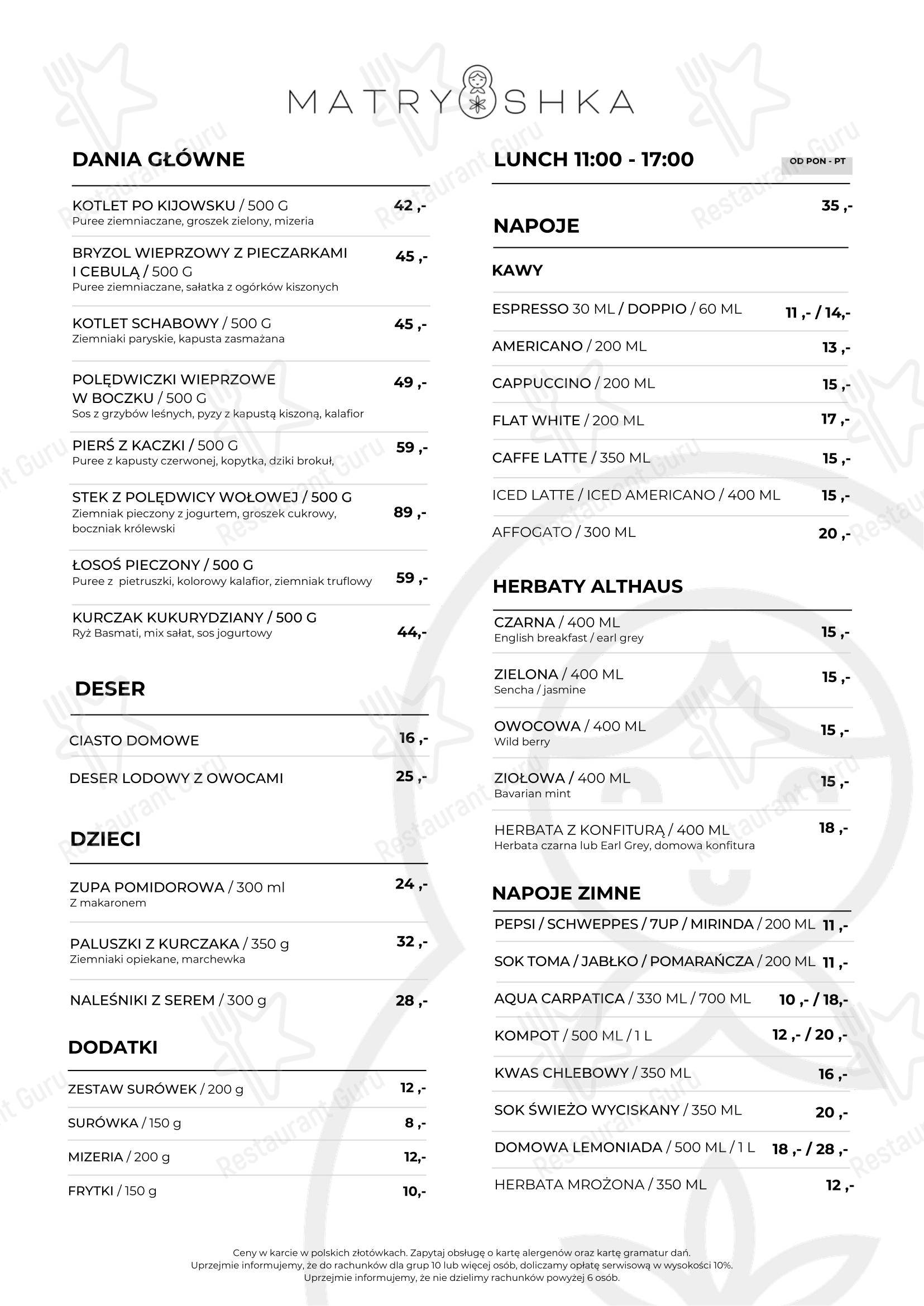Меню ресторана Restauracja Matryoshka - Меню