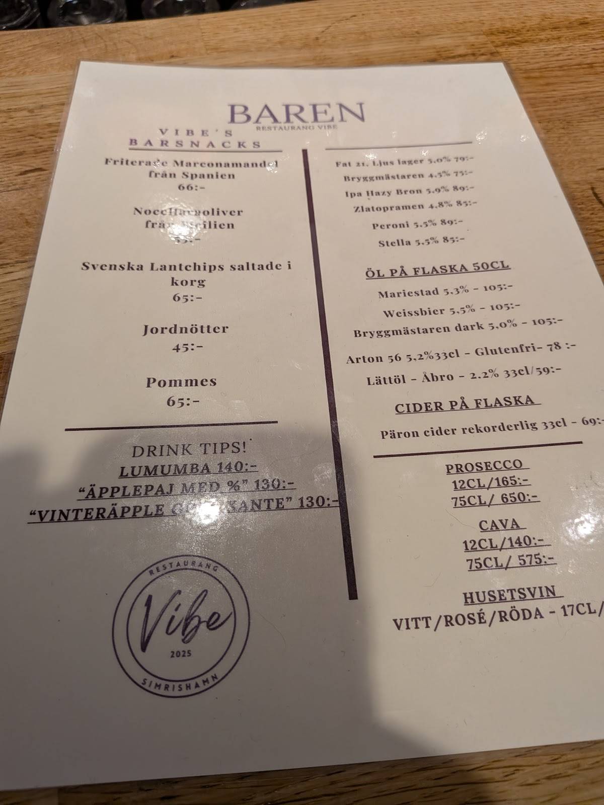 Restaurang Vibe меню