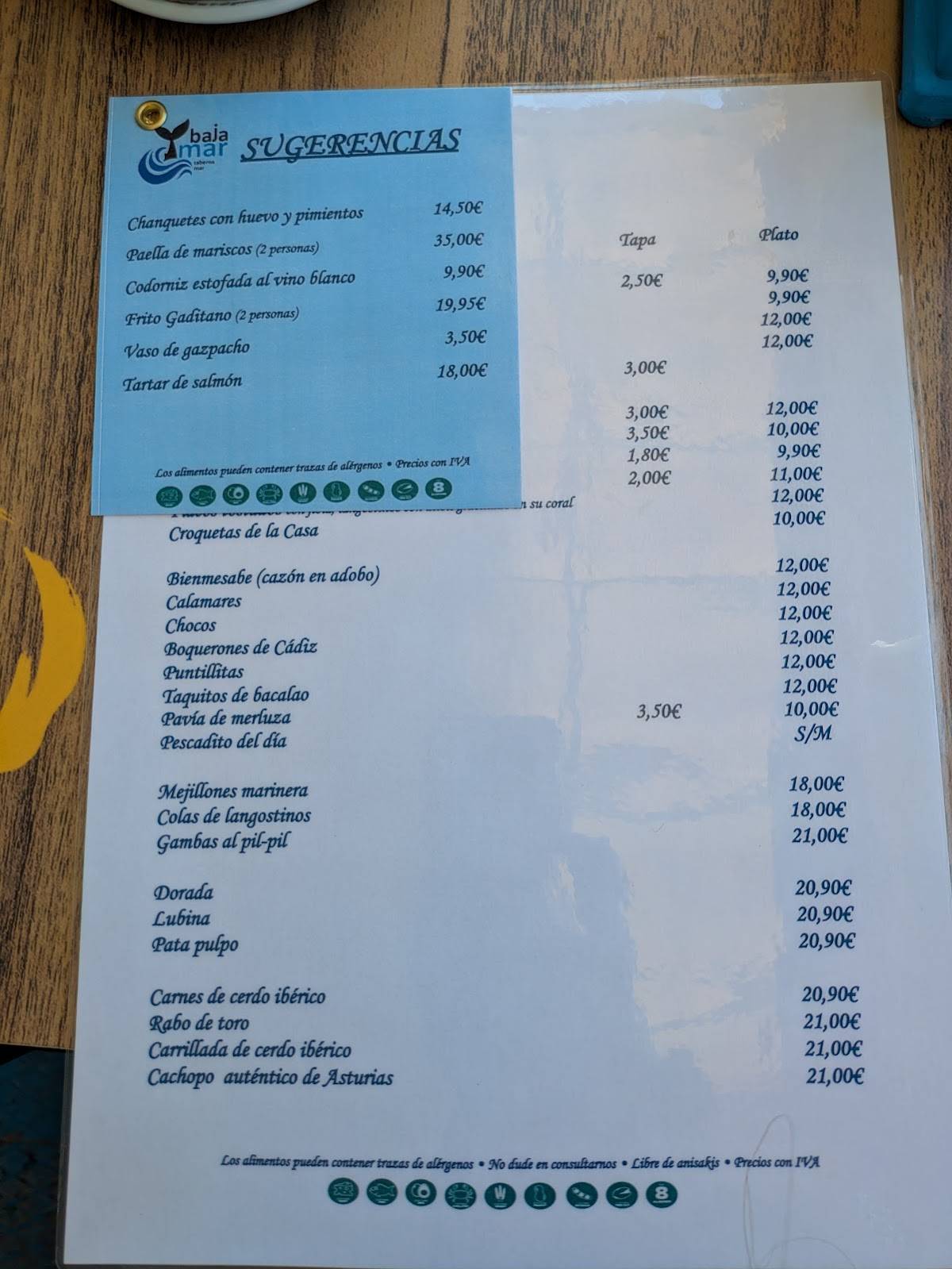 BajaMar taberna mar меню