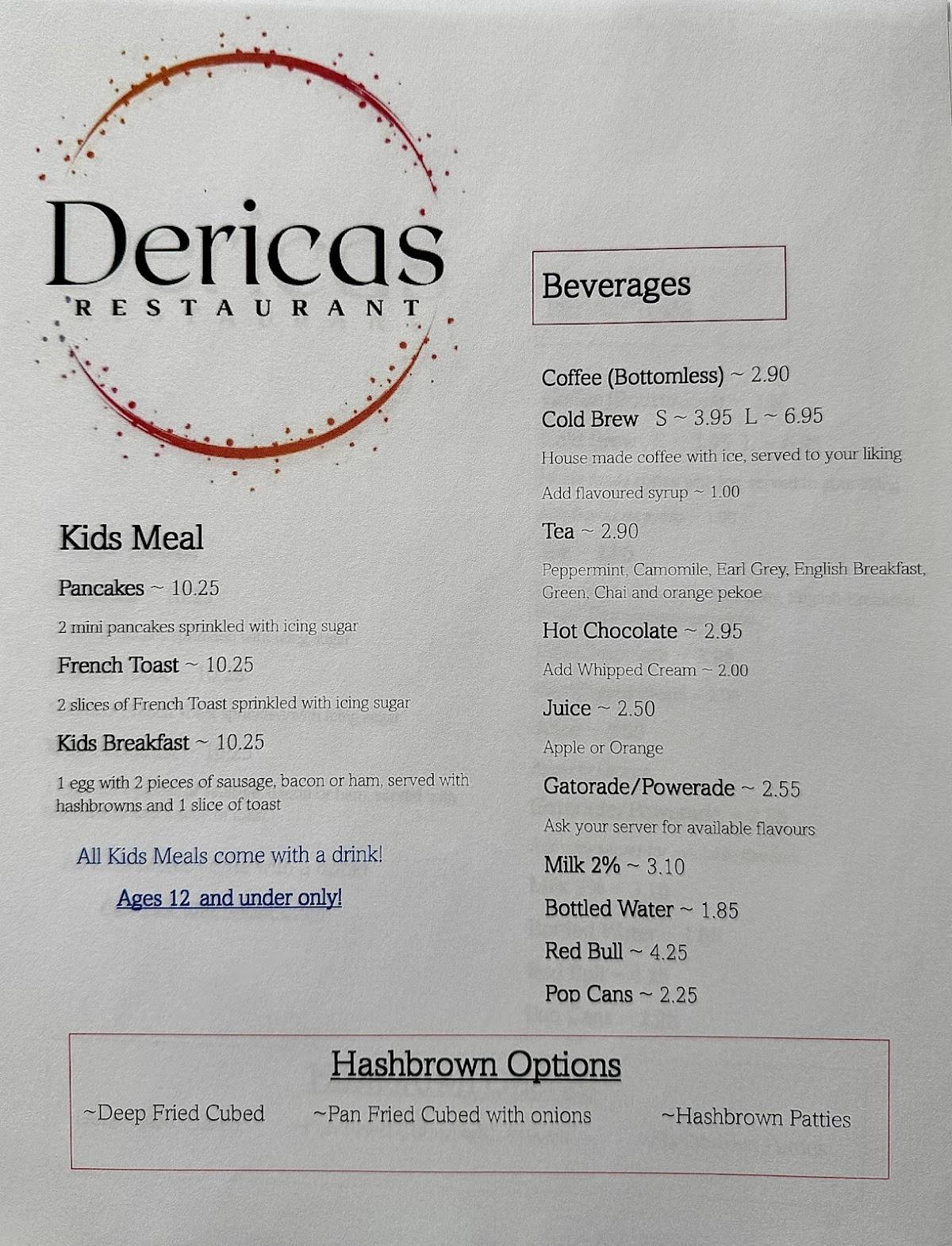 Derica’s Restaurant меню