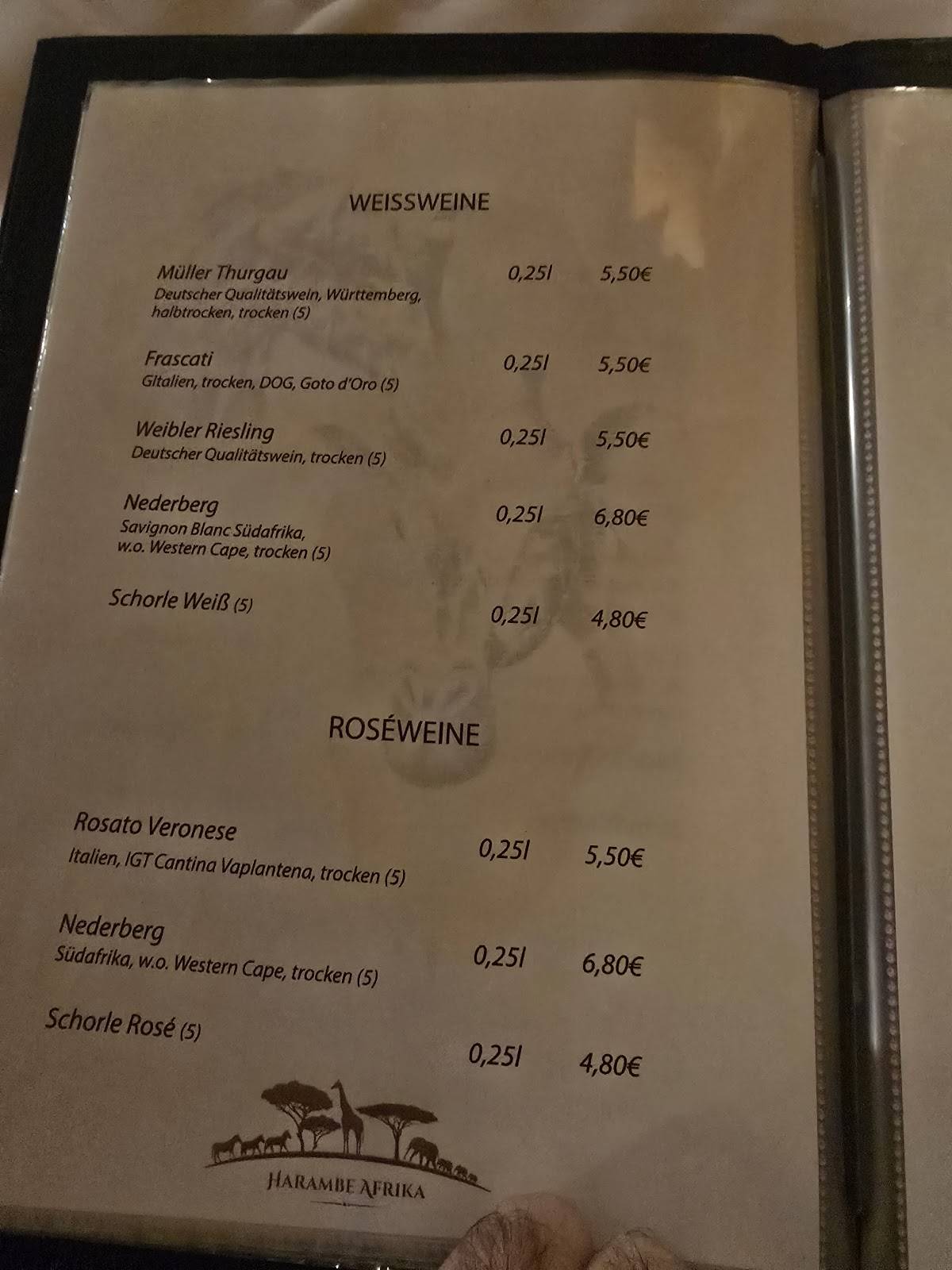Harambe Afrika Pension Restaurant меню