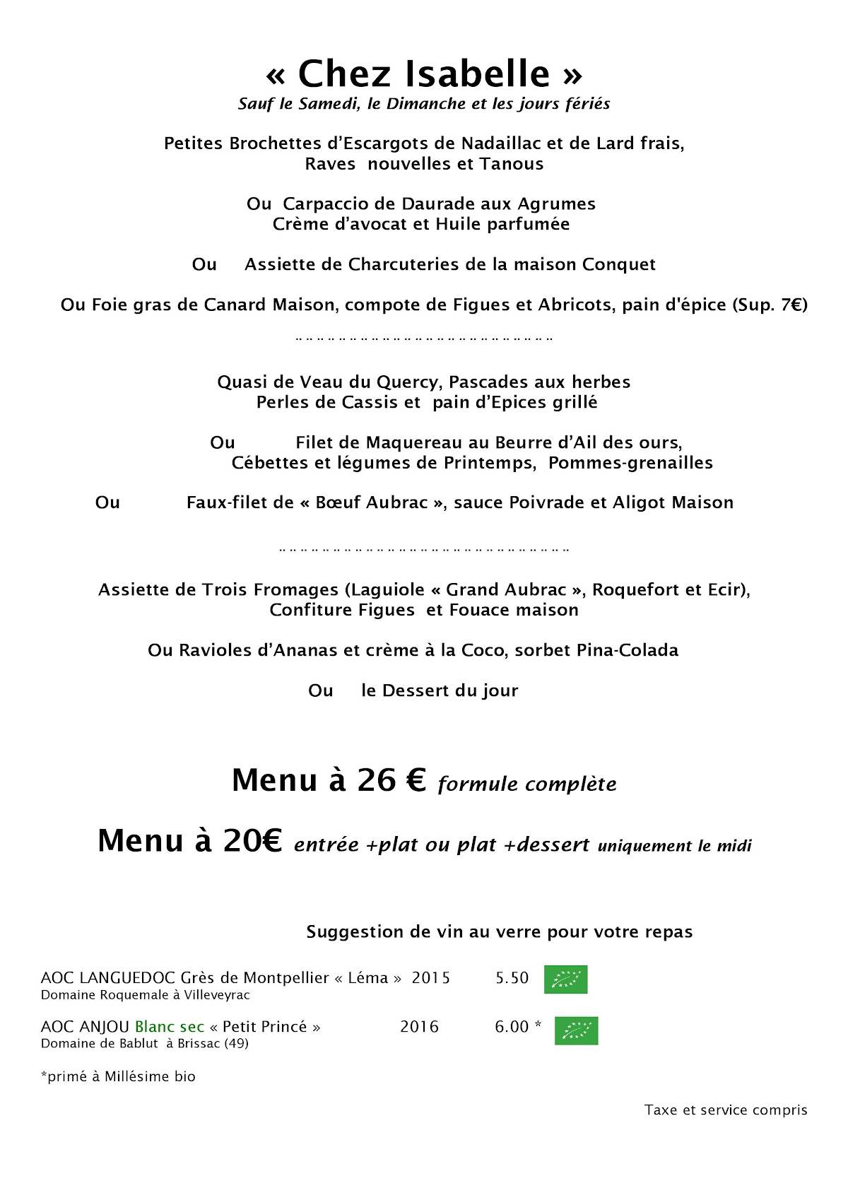 Restaurant Isabelle Auguy меню