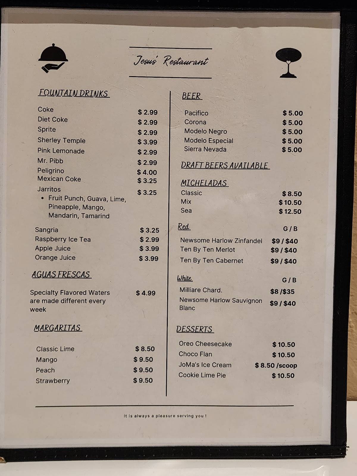 Jesus’ Restaurant меню