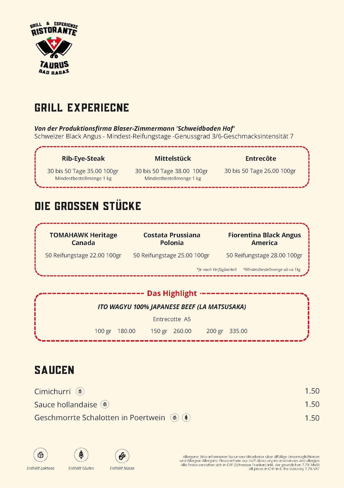 Restaurant Taurus меню