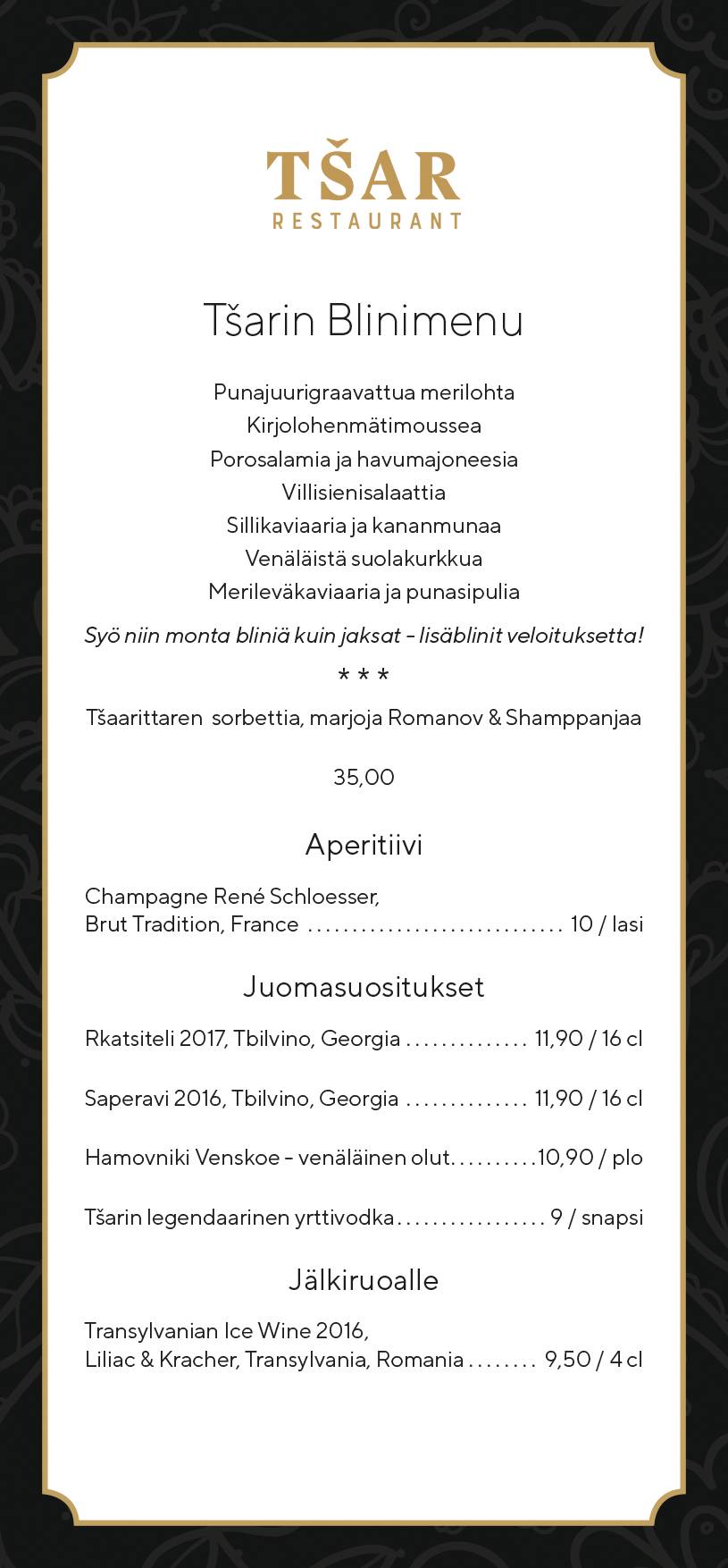 Restaurant Tsar меню