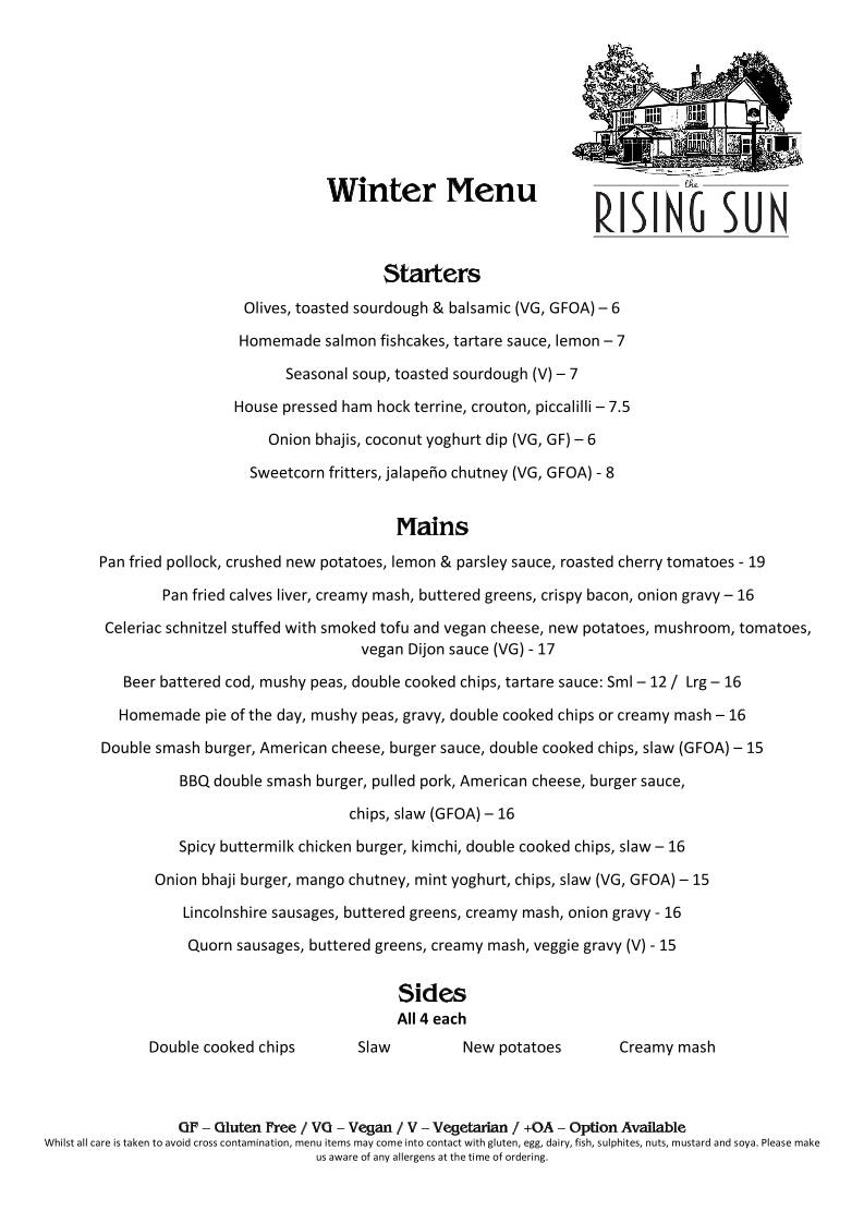 Rising Sun Inn меню