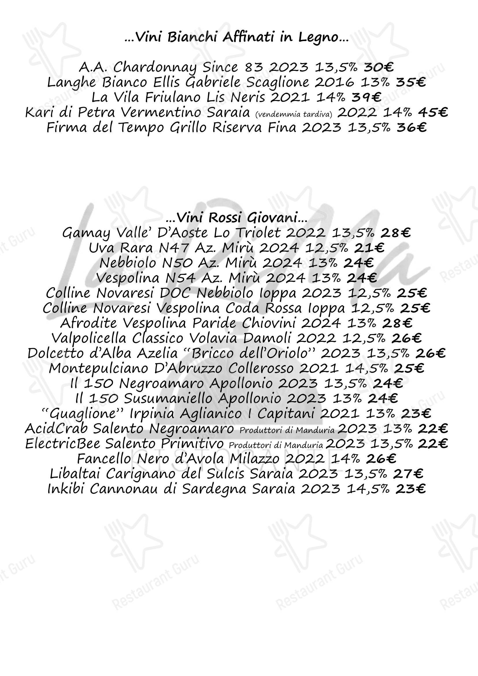Основное меню ресторана Ristorante La Rima в Новарах