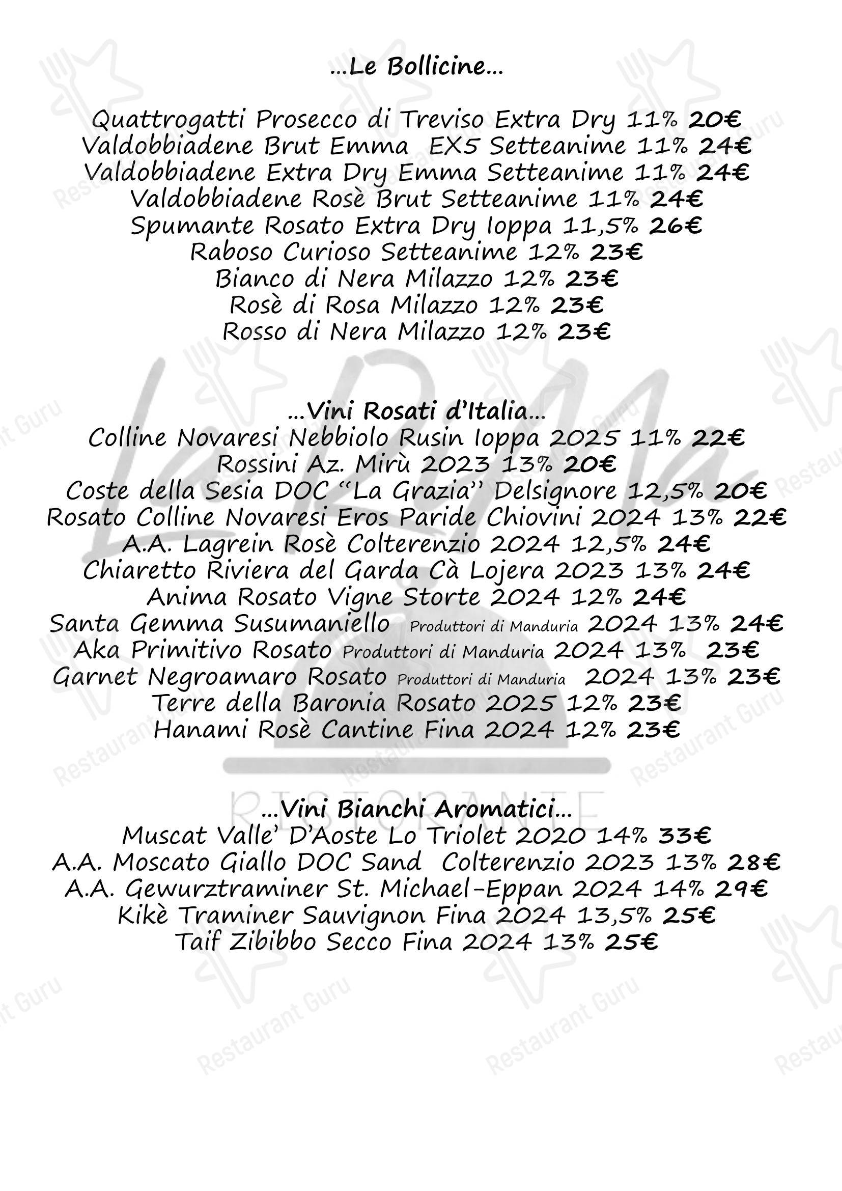 Меню ресторана Ristorante La Rima - Основное меню