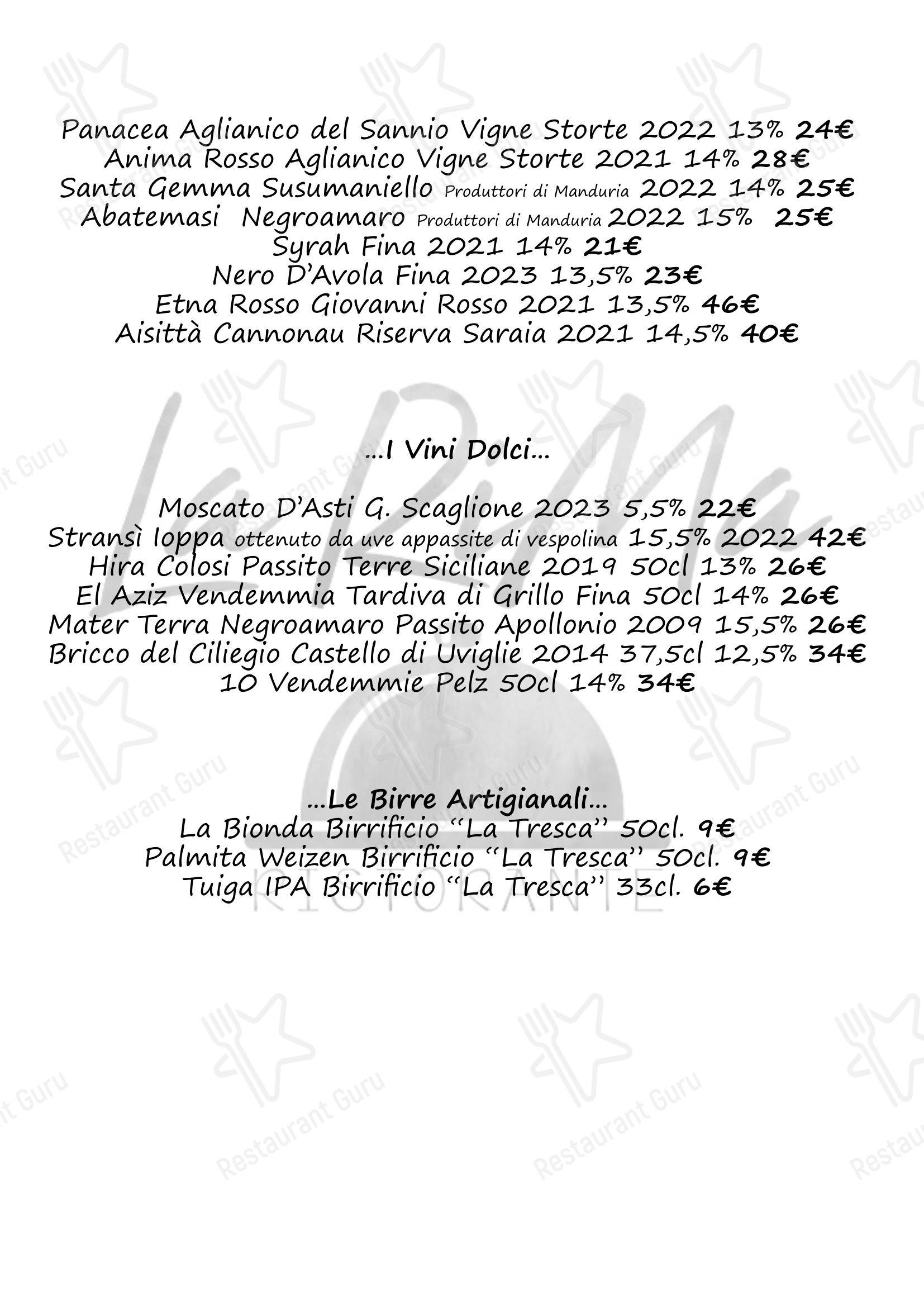 Меню ресторана Ristorante La Rima - Основное меню