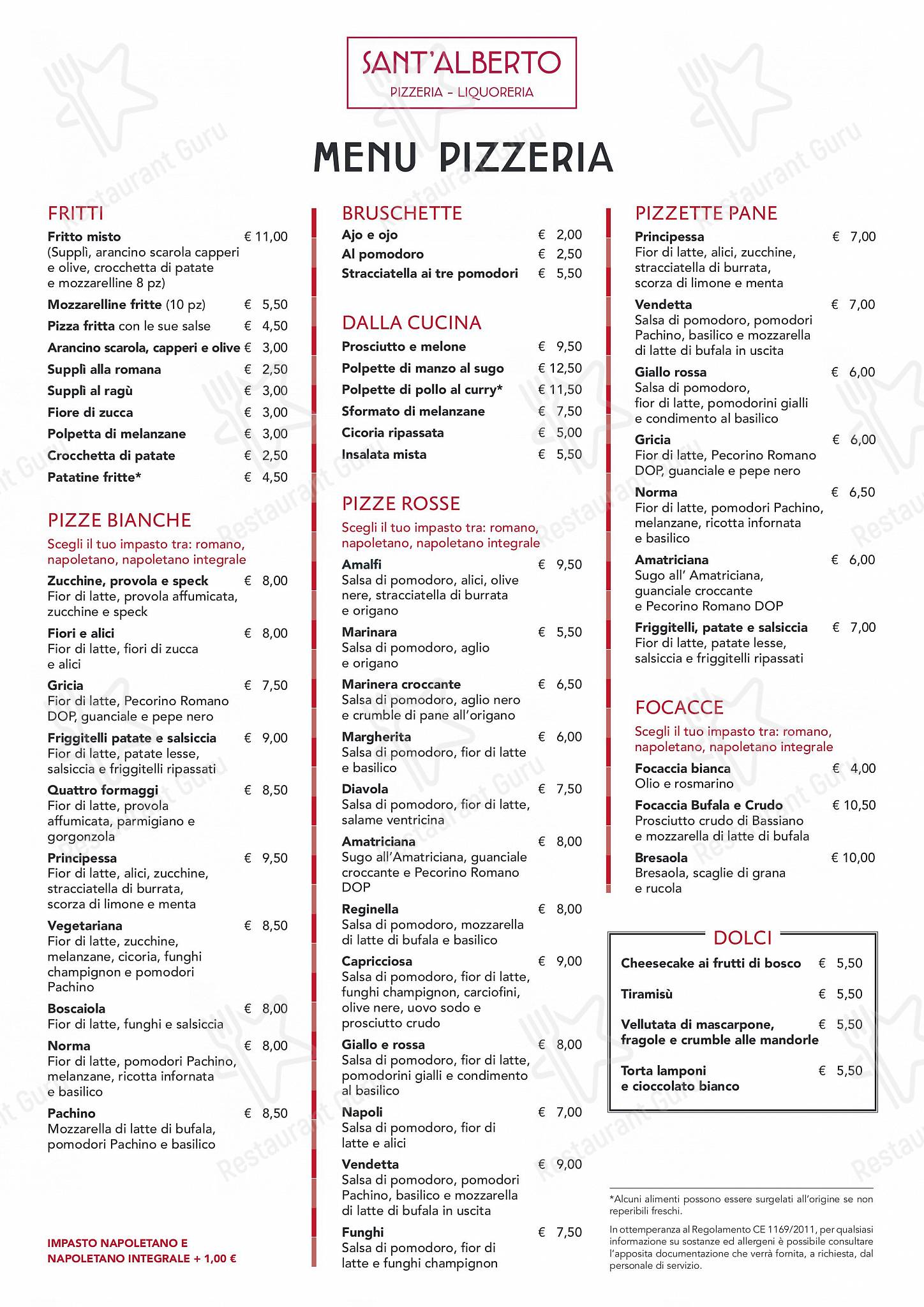 Меню ресторана Sant'Alberto Roma - Dinner Menu