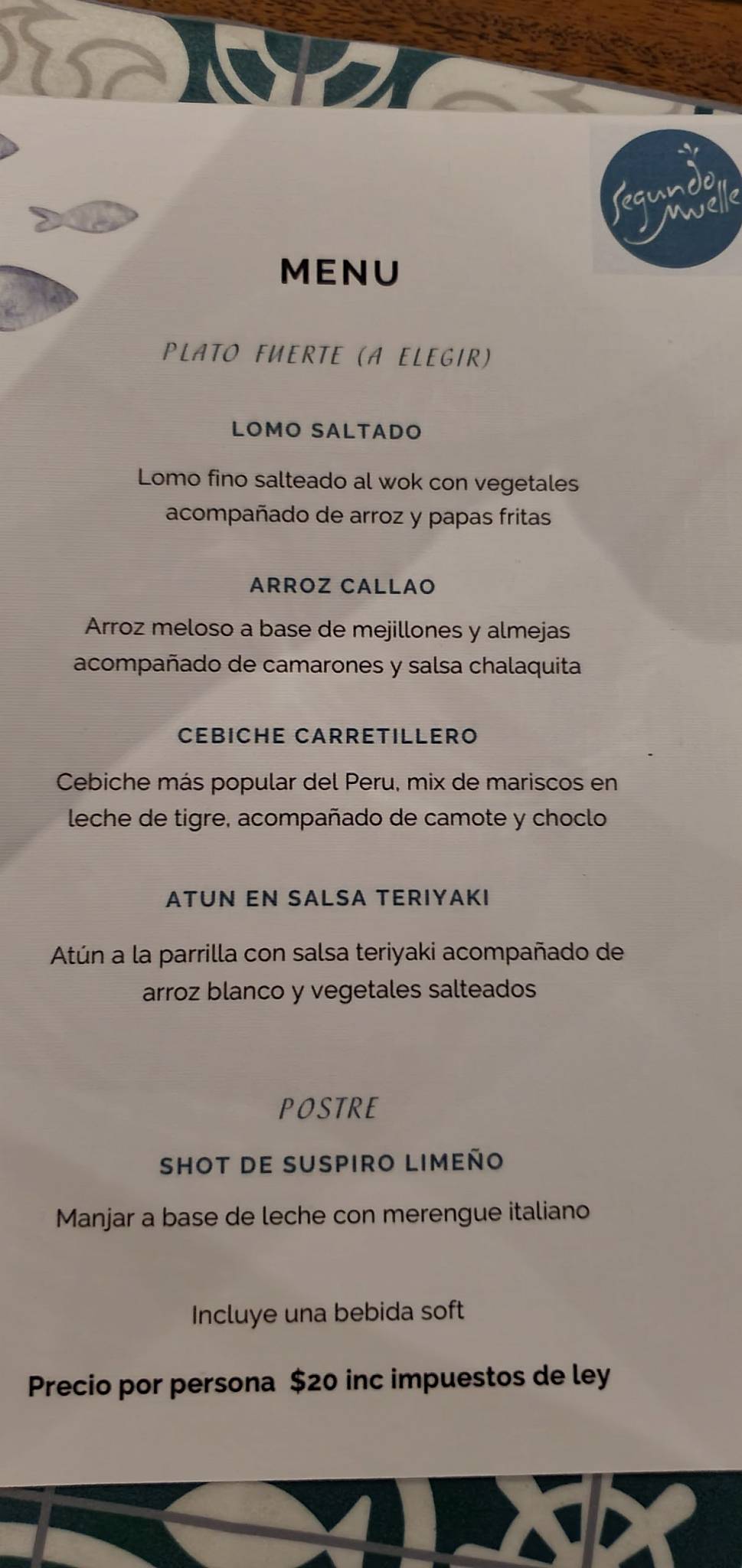 Segundo Muelle меню