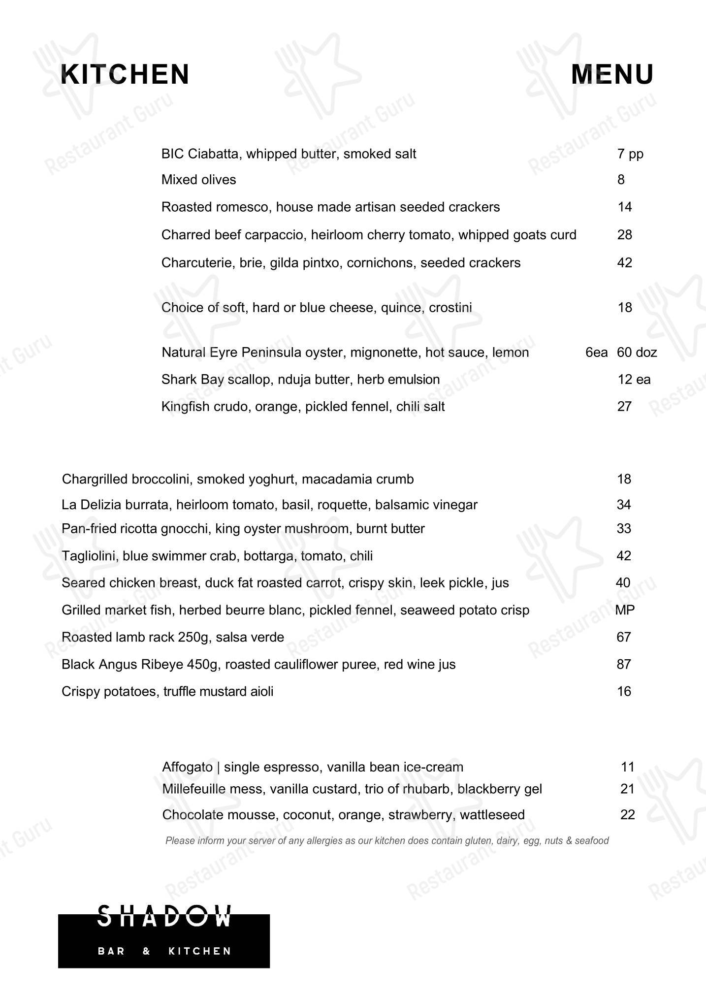 Shadow Bar & Kitchen в Перте - Меню
