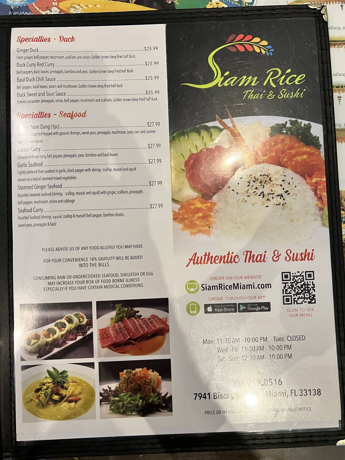 Siam Rice Thai & Sushi Restaurant меню