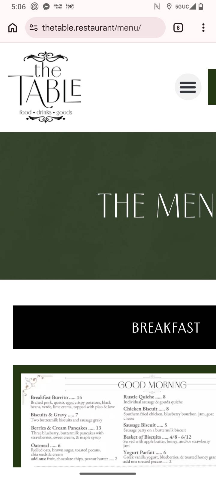 The Table Restaurant меню