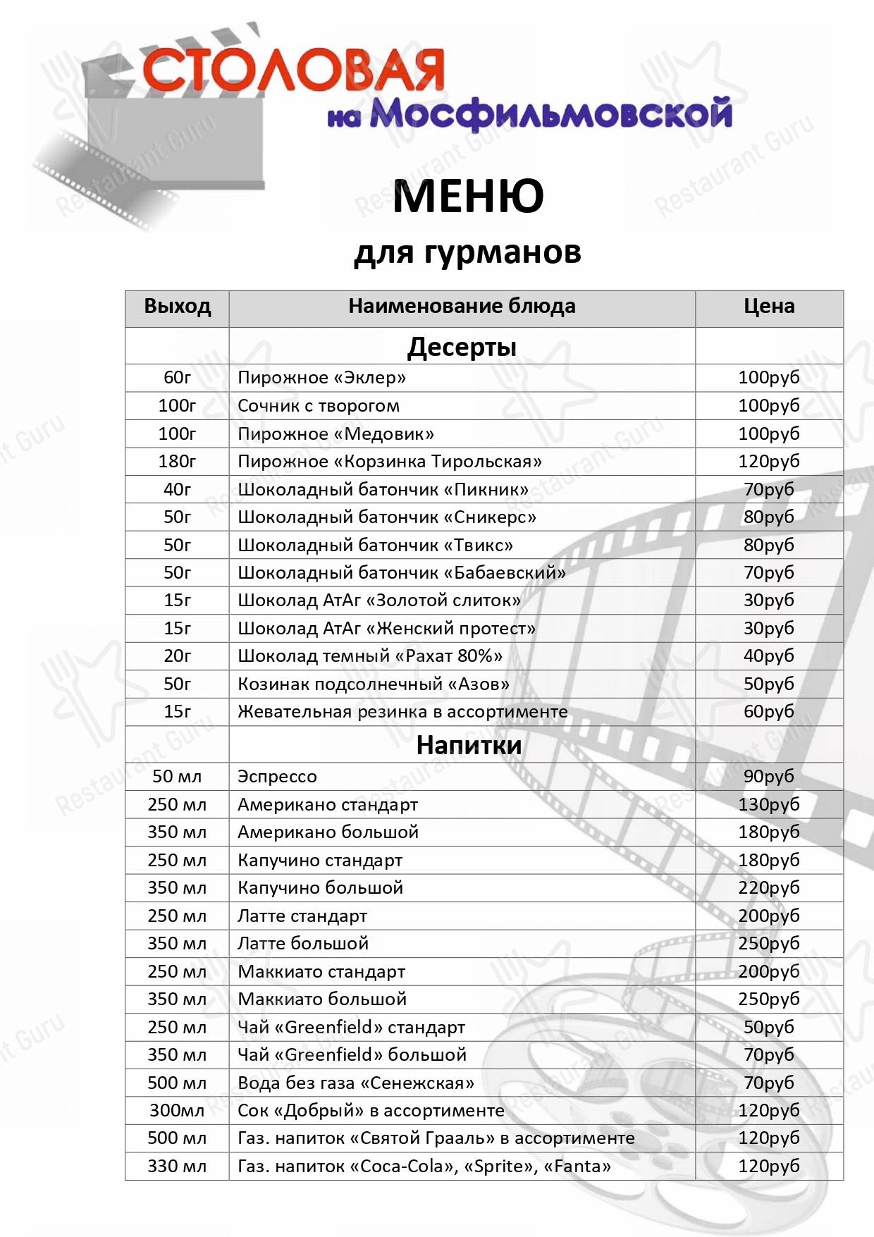 Меню Столовая на Мосфильмовской - блюда и напитки