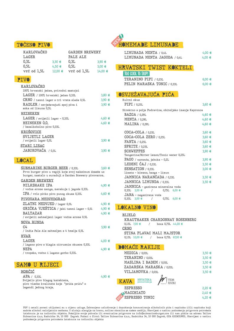 Submarine Burger Rijeka меню