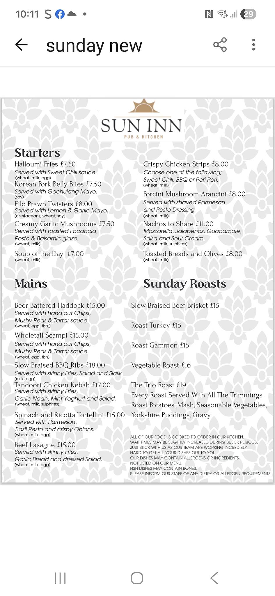 Sun Inn Retford меню