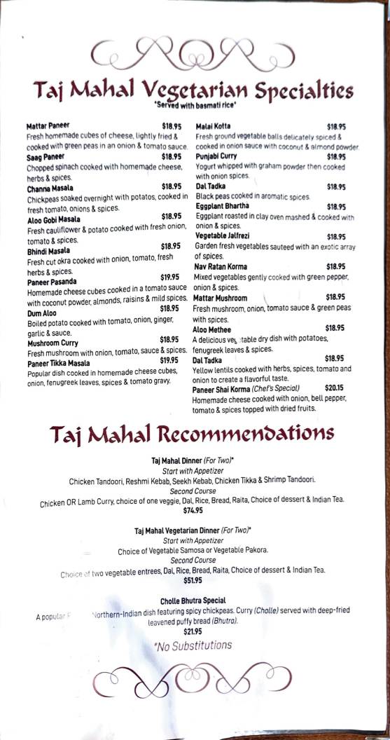 Taj Mahal меню