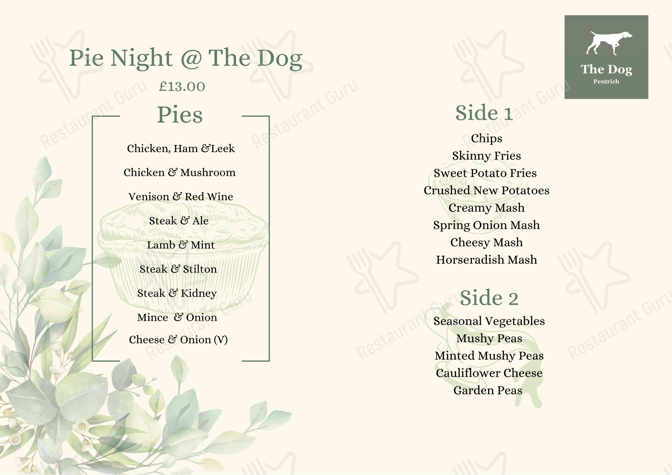 Меню паба и бара The Dog at Pentrich в Риплях