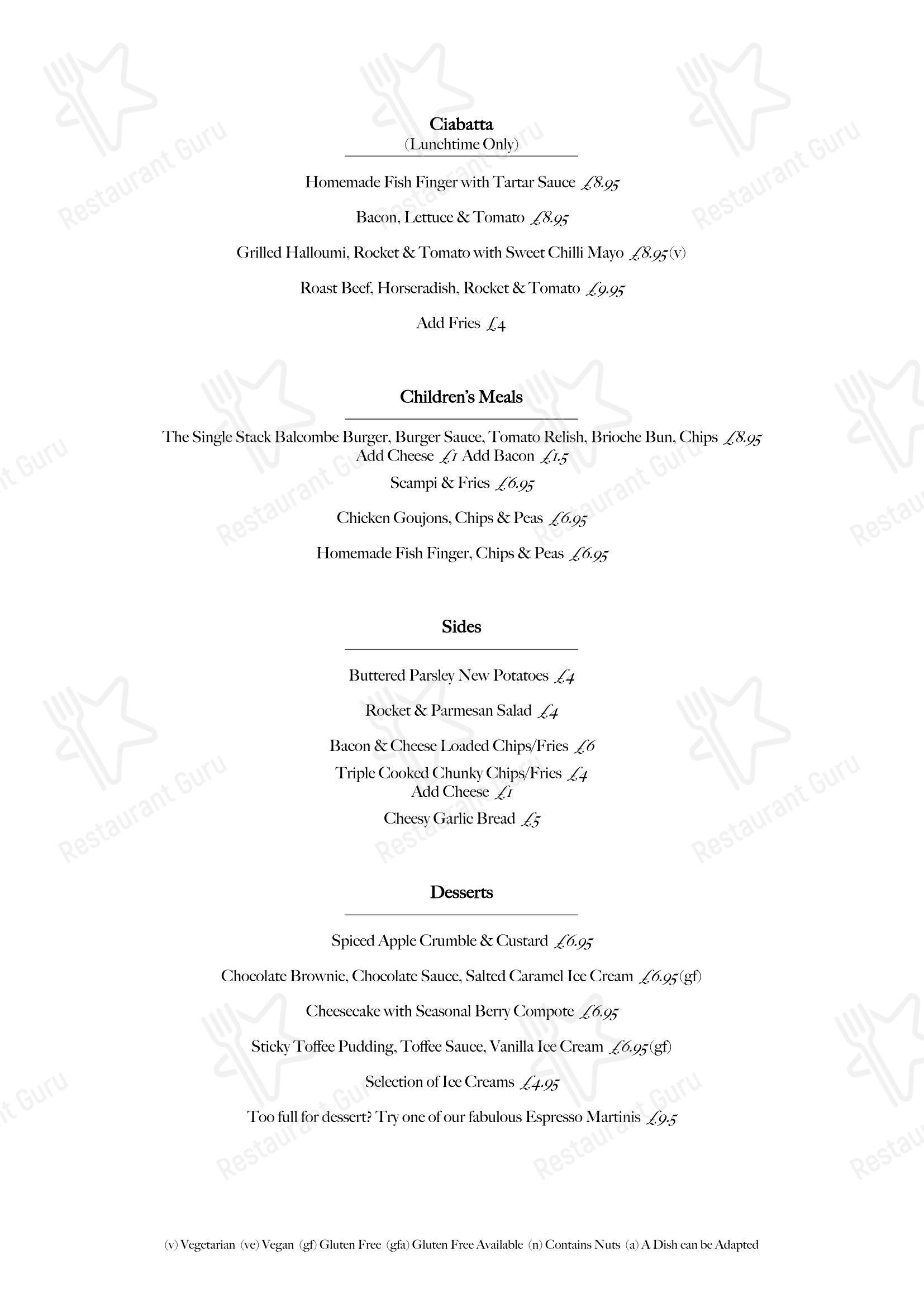 Меню напитков паба и бара The Half Moon Inn Balcombe