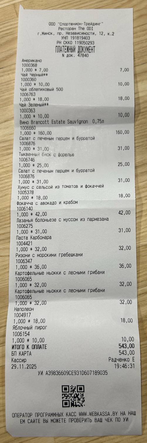 The ODI меню