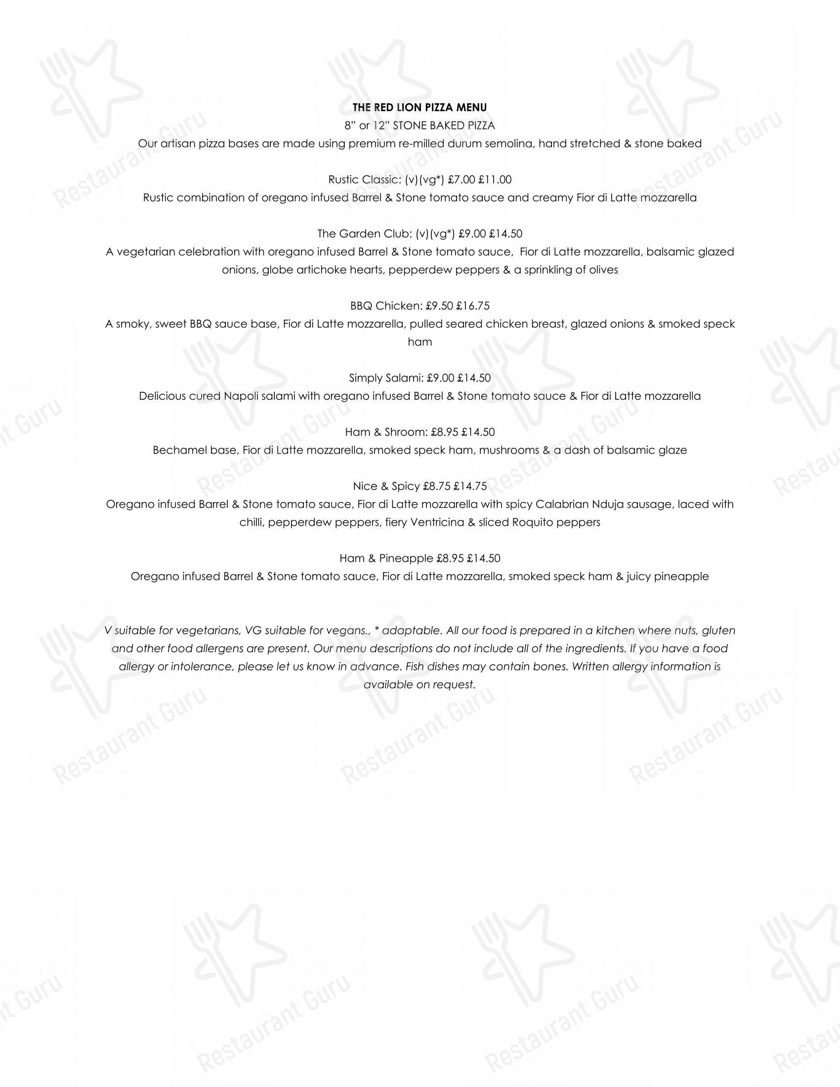 Меню паба и бара The Red Lion - Основное меню