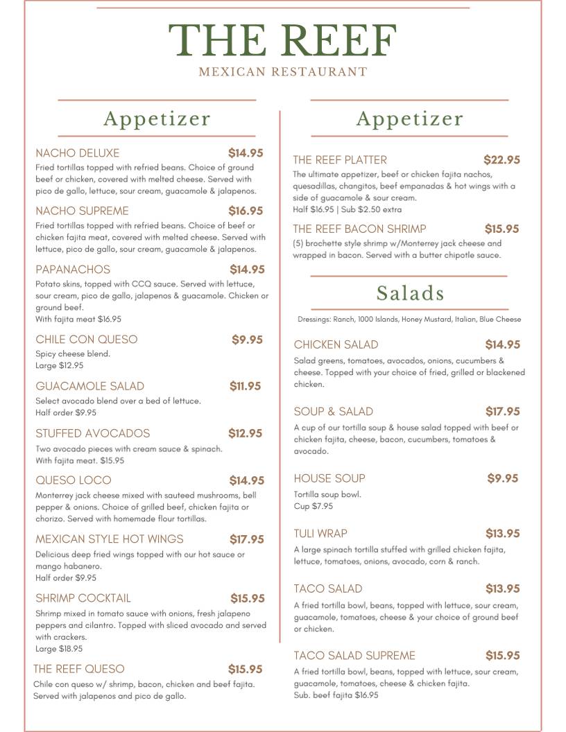 The Reef Mexican Bar & Grill меню
