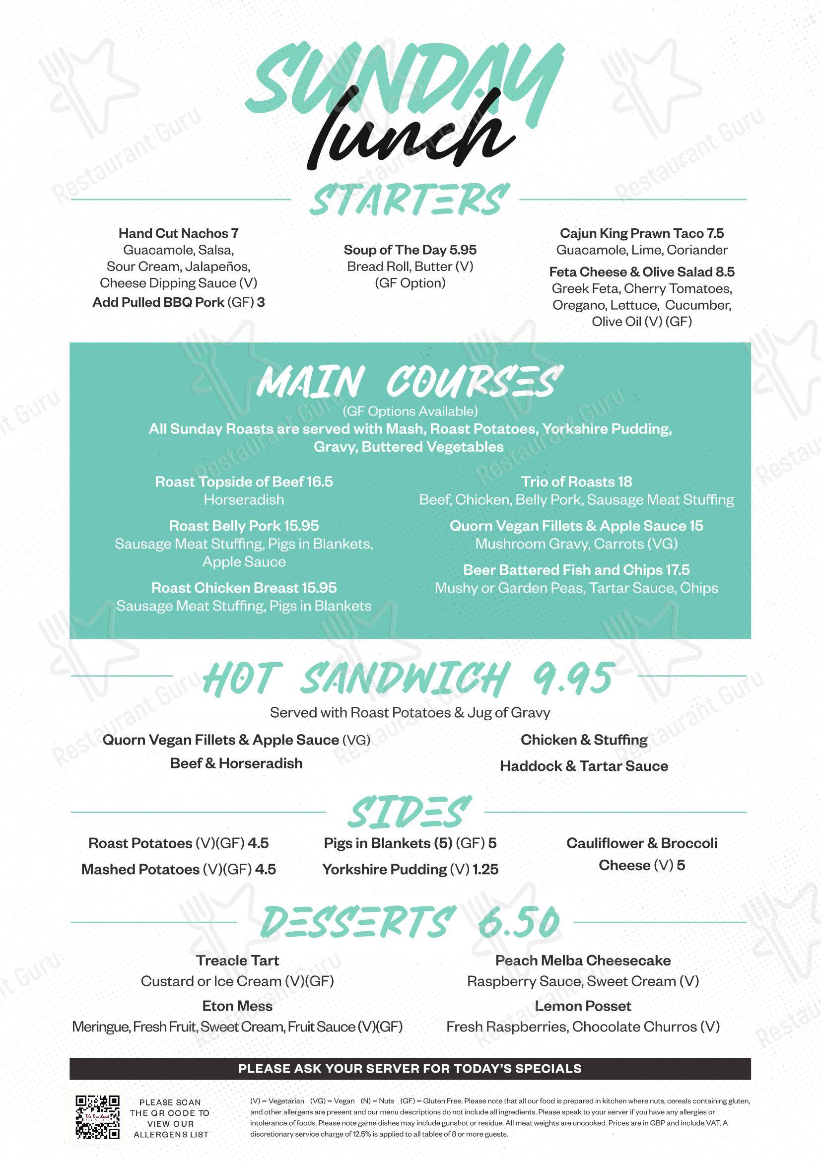 Dinner Menu паба и бара The Runhead в Райтоне