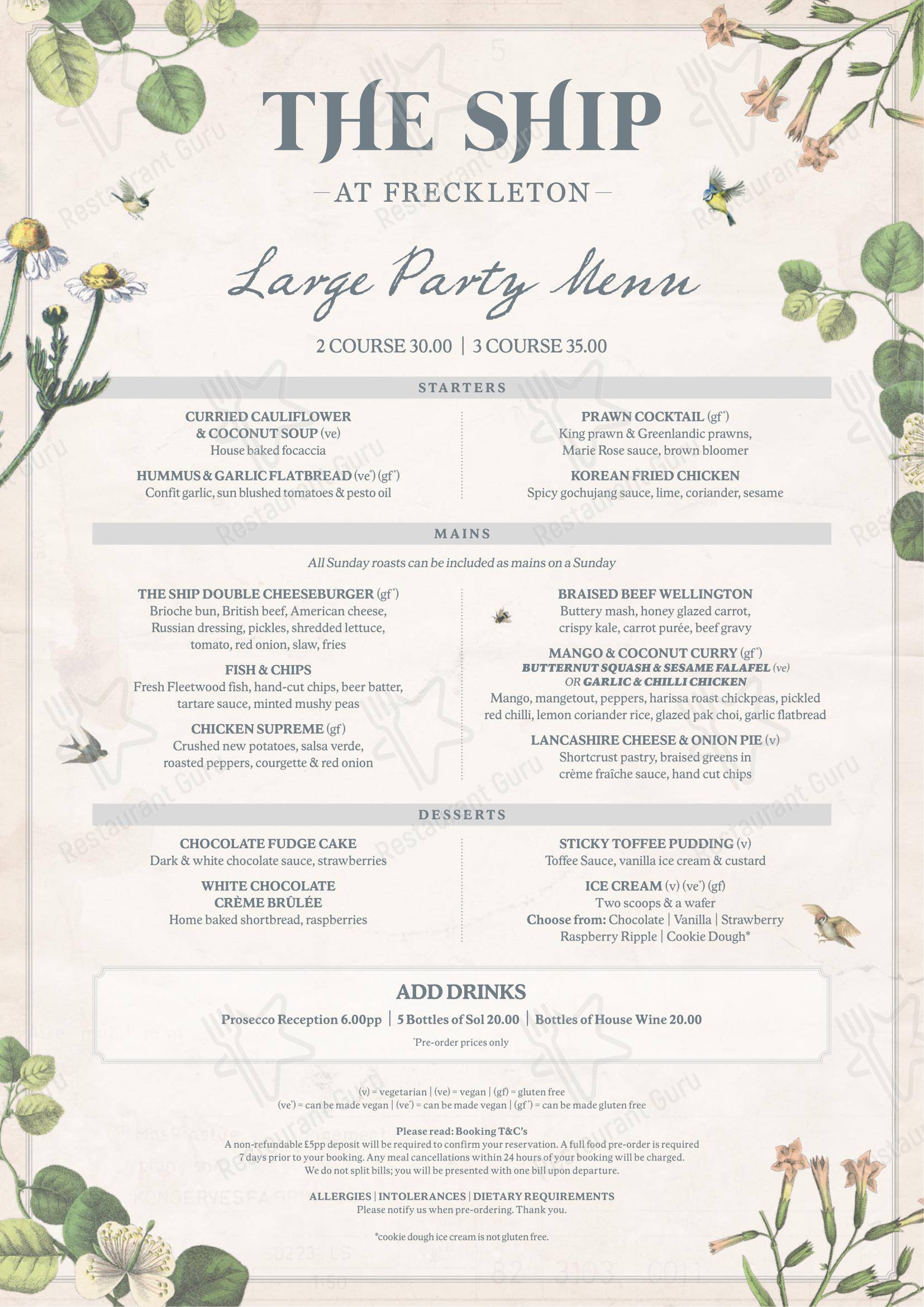 Меню паба и бара The Ship - Dinner Menu