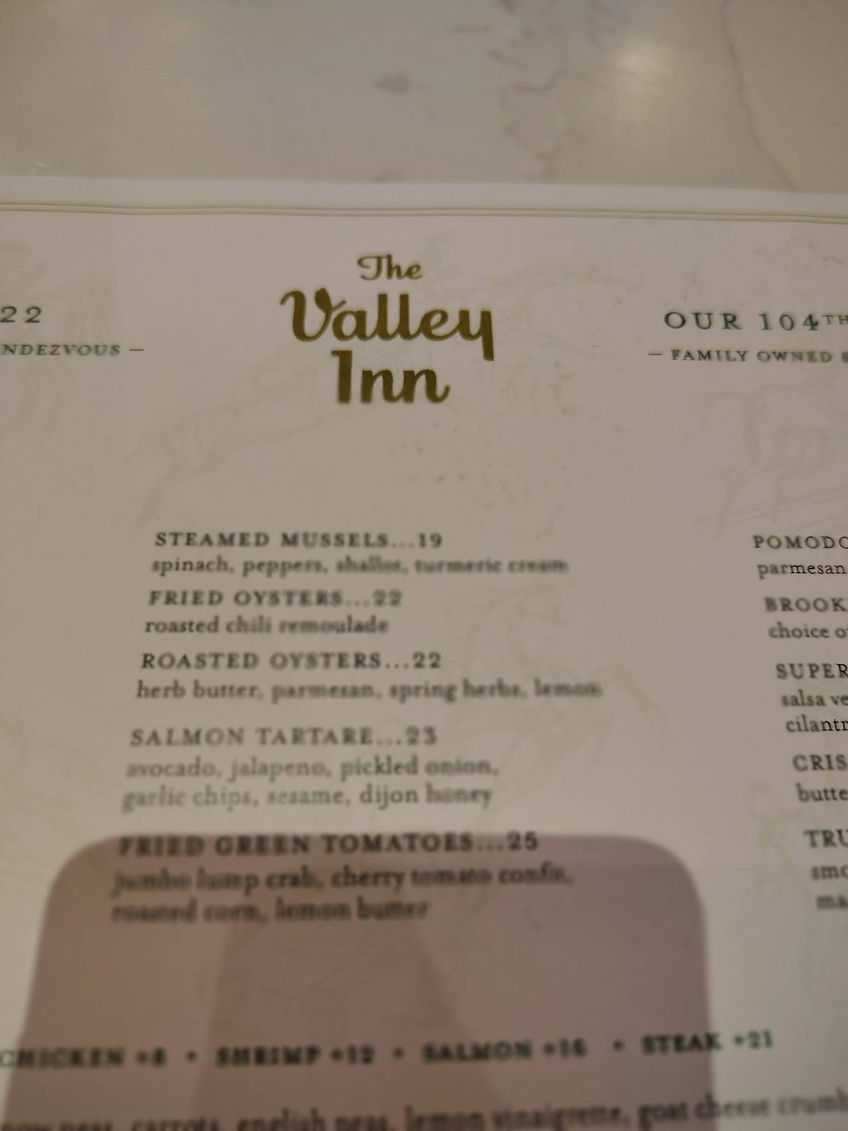 The Valley Inn меню